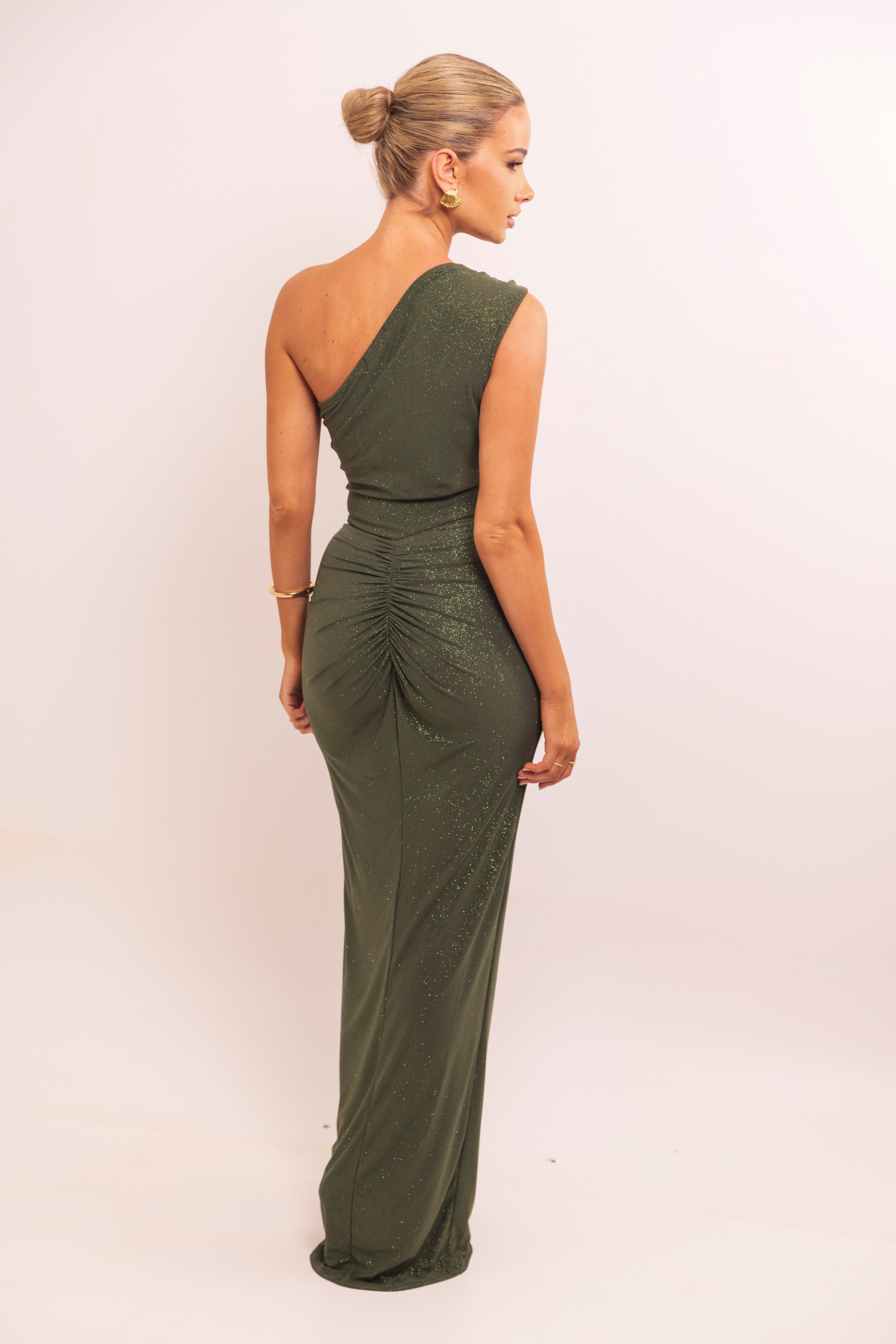 Full-length olive evening gown with sparkle effect and sculpted drape