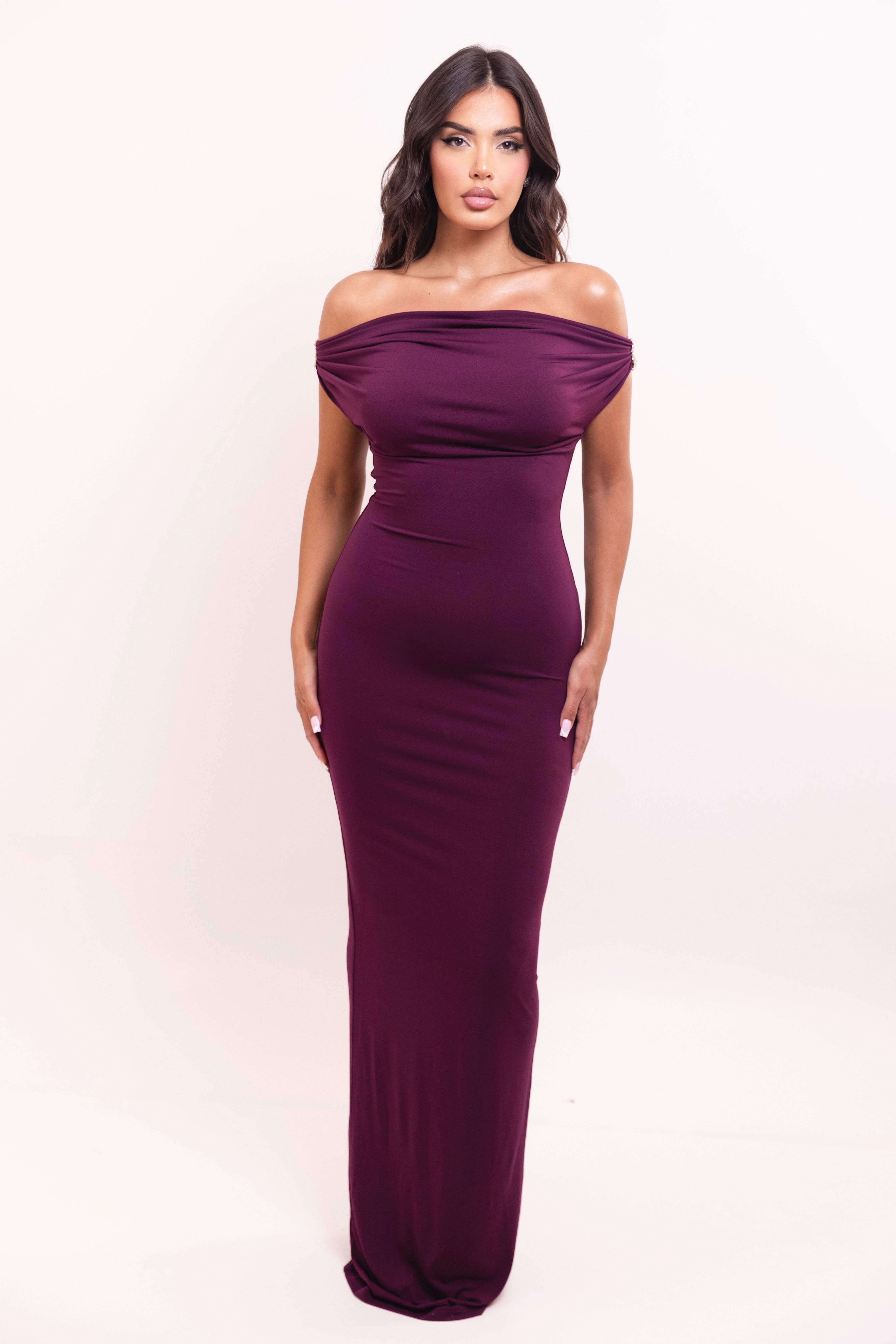Purple floor-length gown with sculpted fit