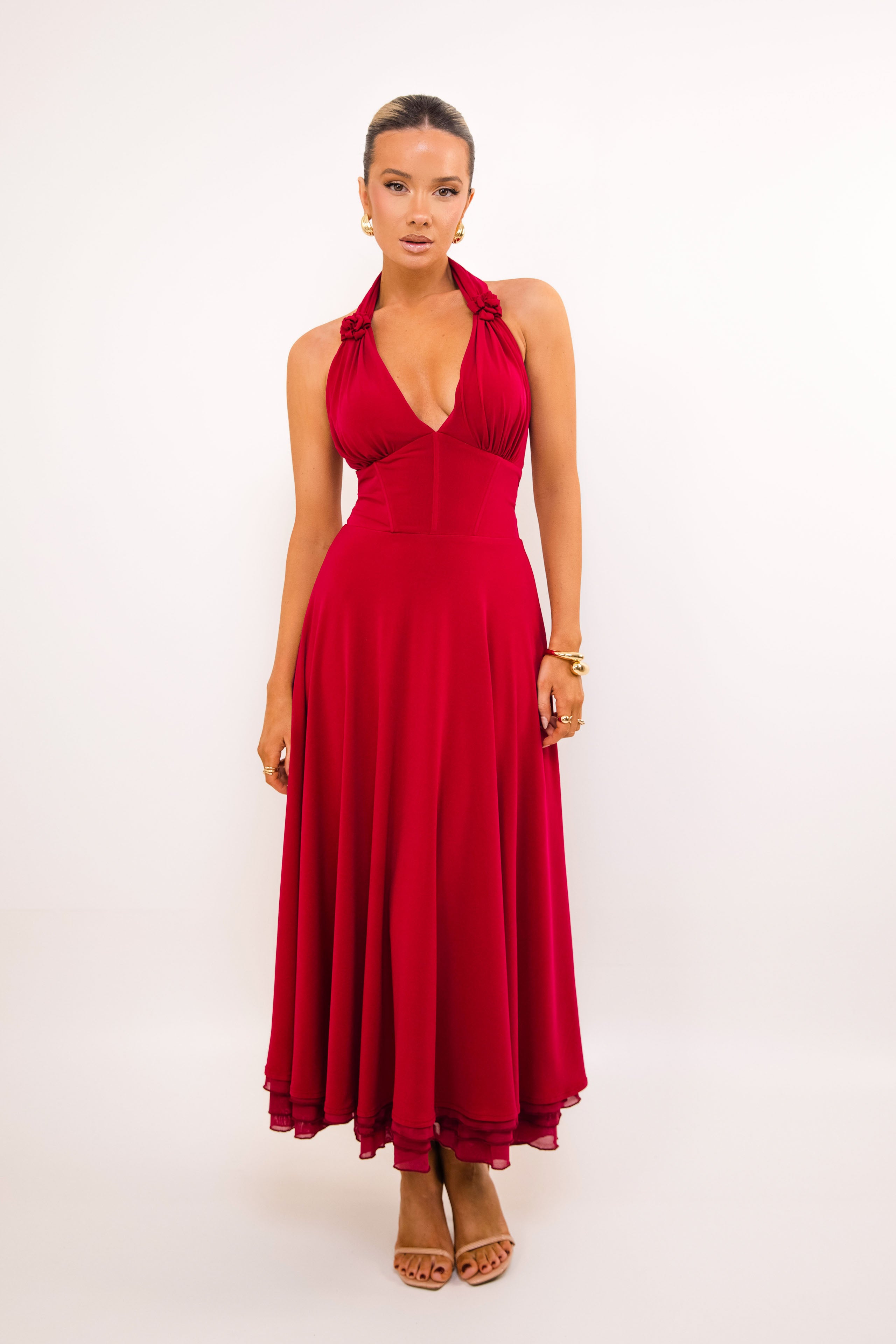 Chiffon-inspired red dress with double rose knot straps and soft drape