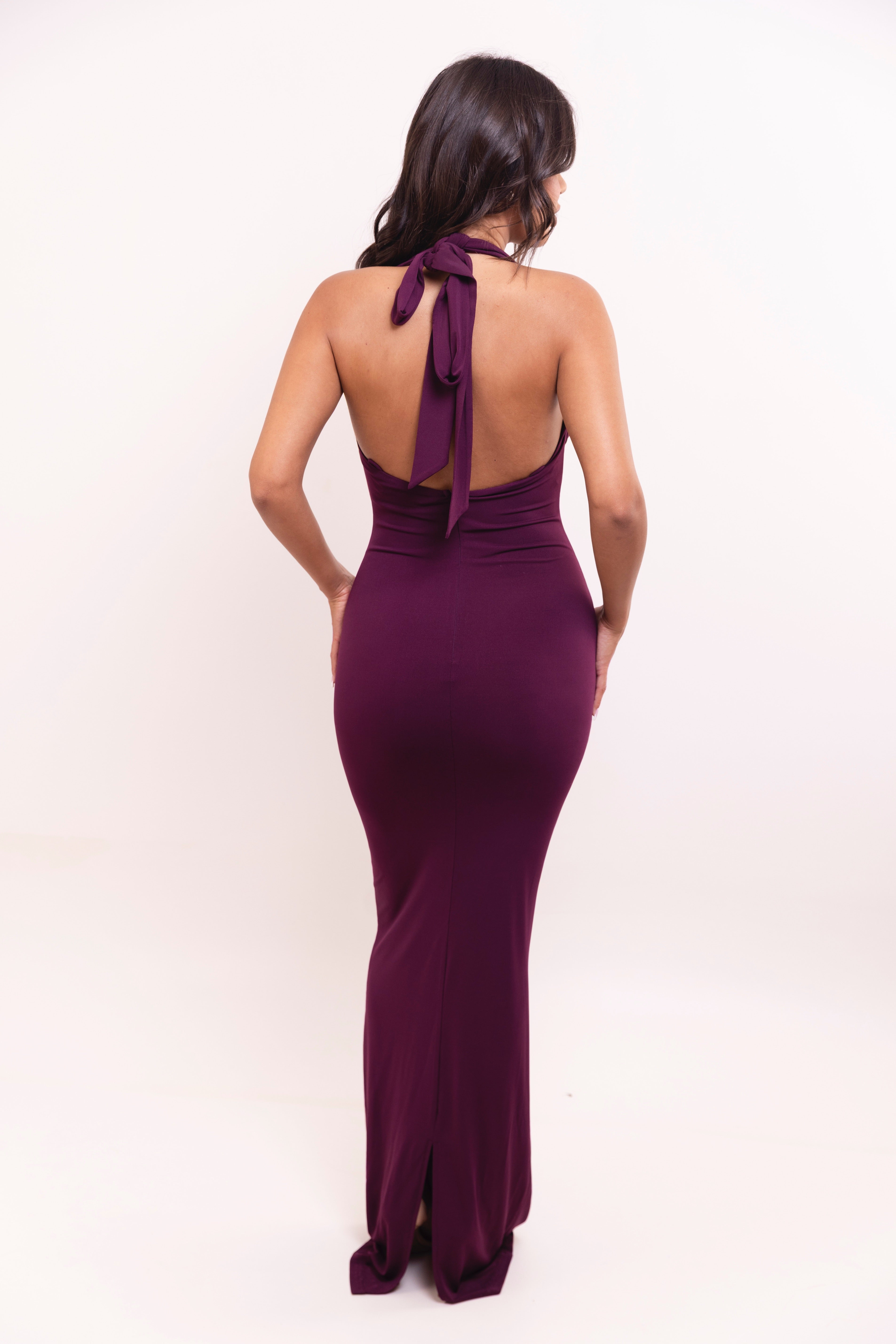Plum-toned gown with clean silhouette