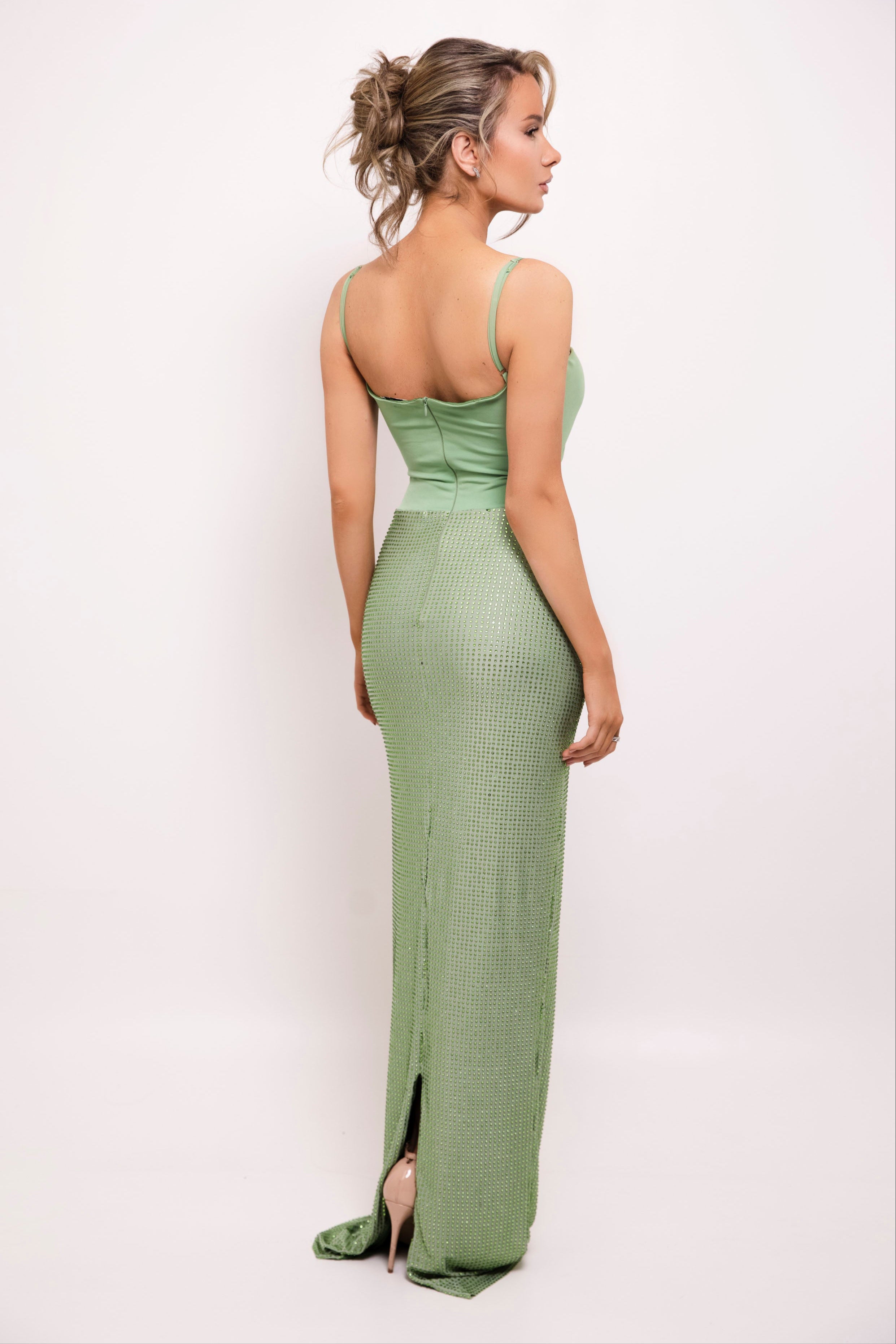Graceful long gown in muted green