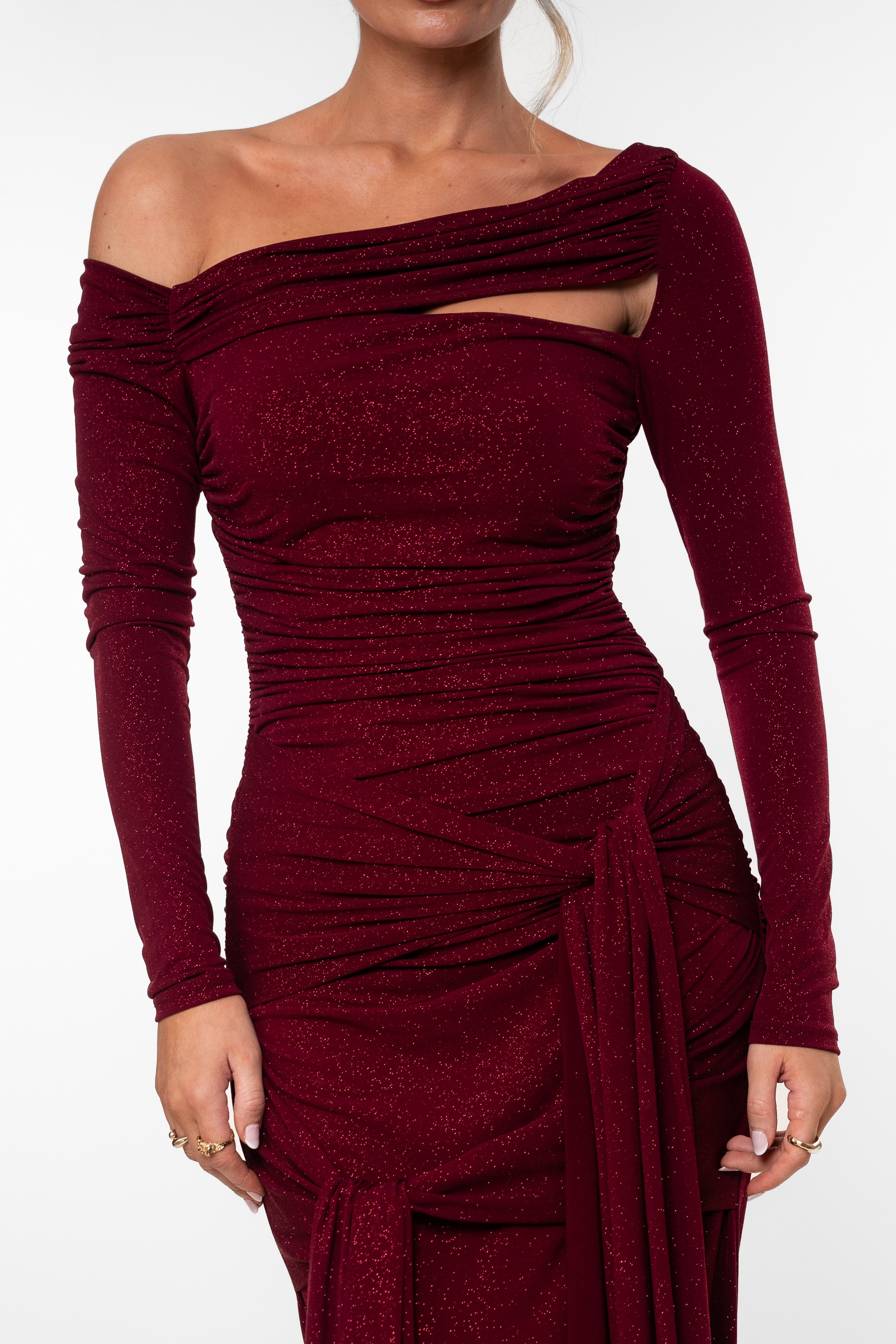 Burgundy off-shoulder dress with long sleeves on a white background