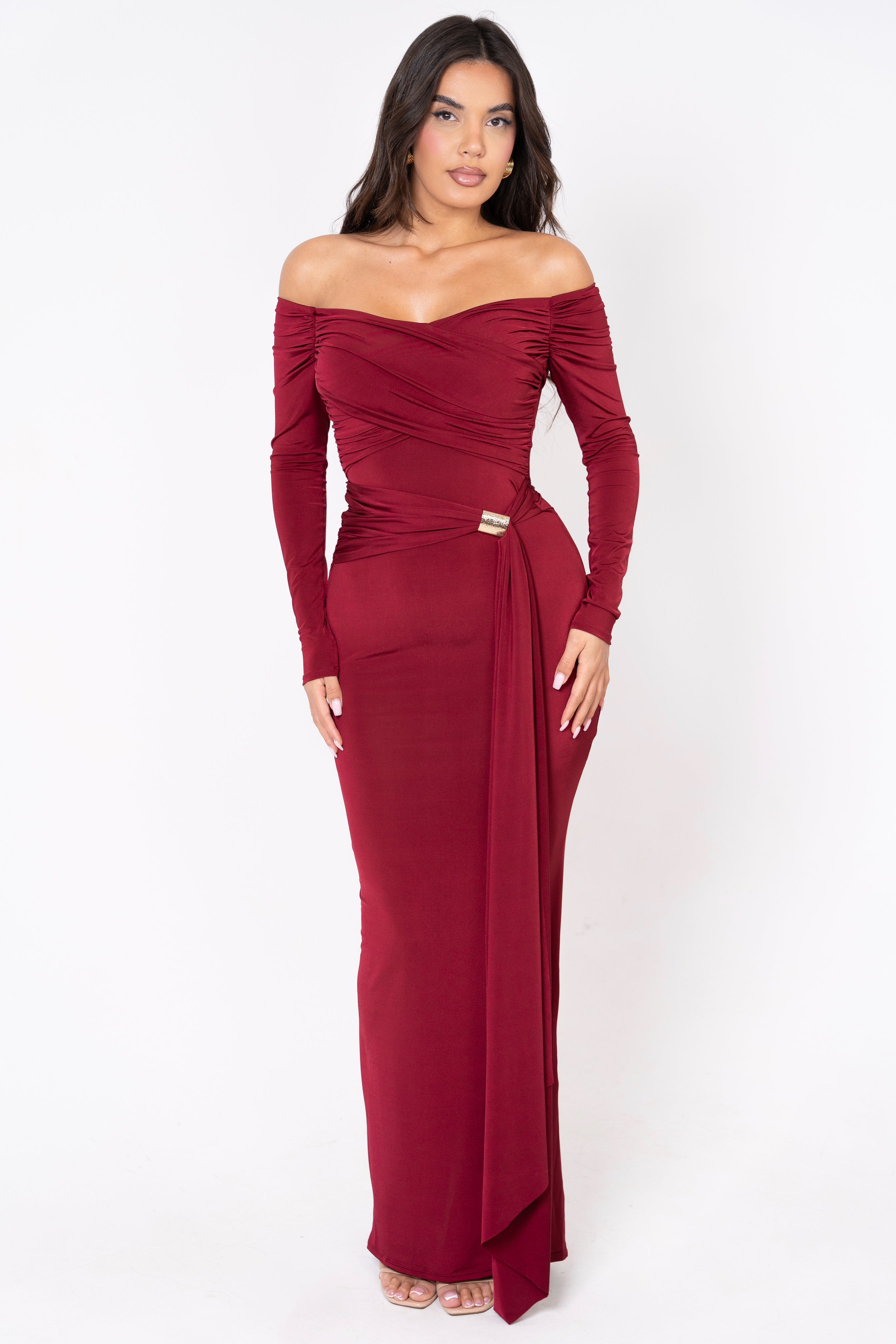 Off-shoulder burgundy dress