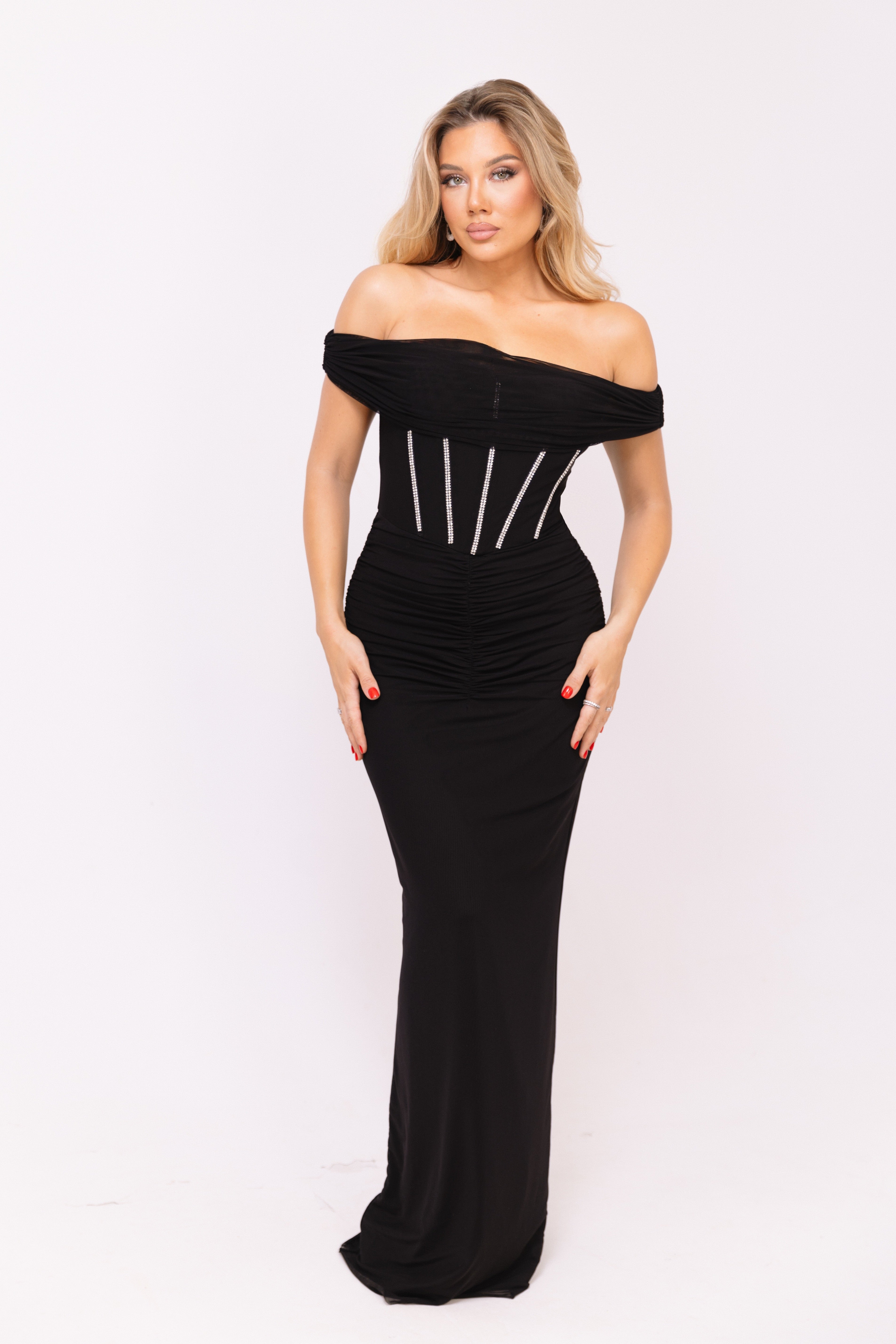 Black off-shoulder dress with ruched detailing