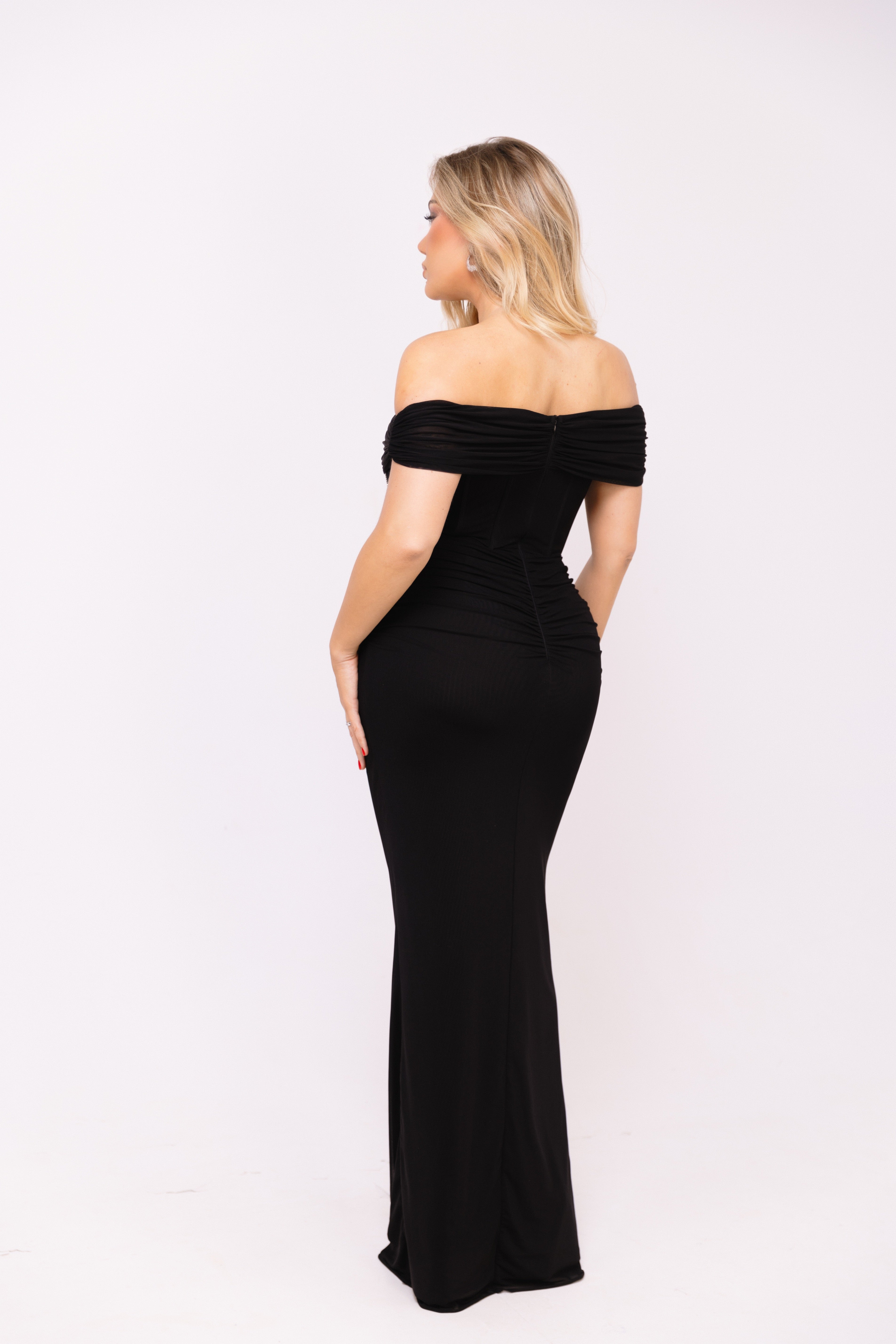 Stylish black dress with ruched texture and sparkling details