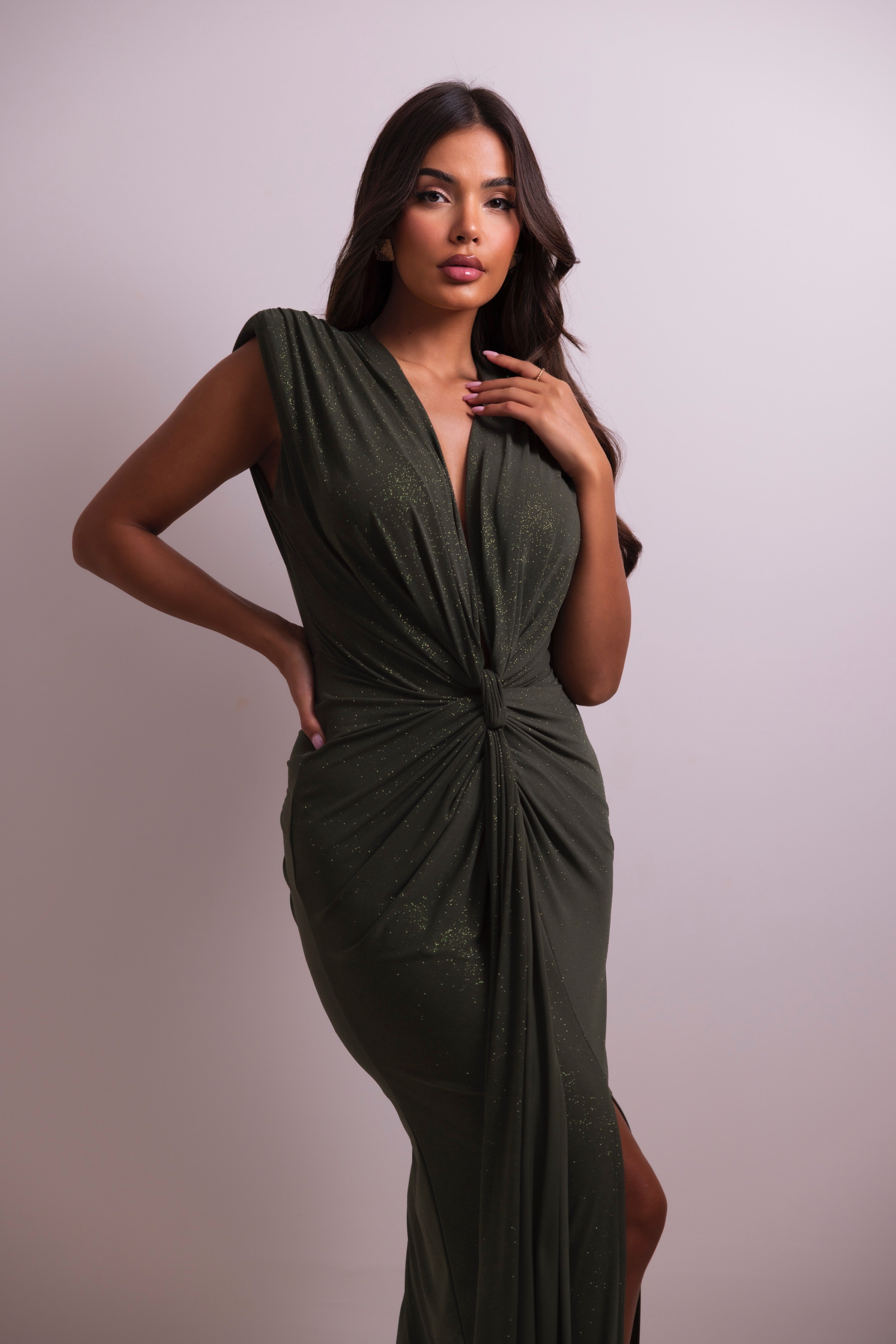 Elina Olive Glitter Dress