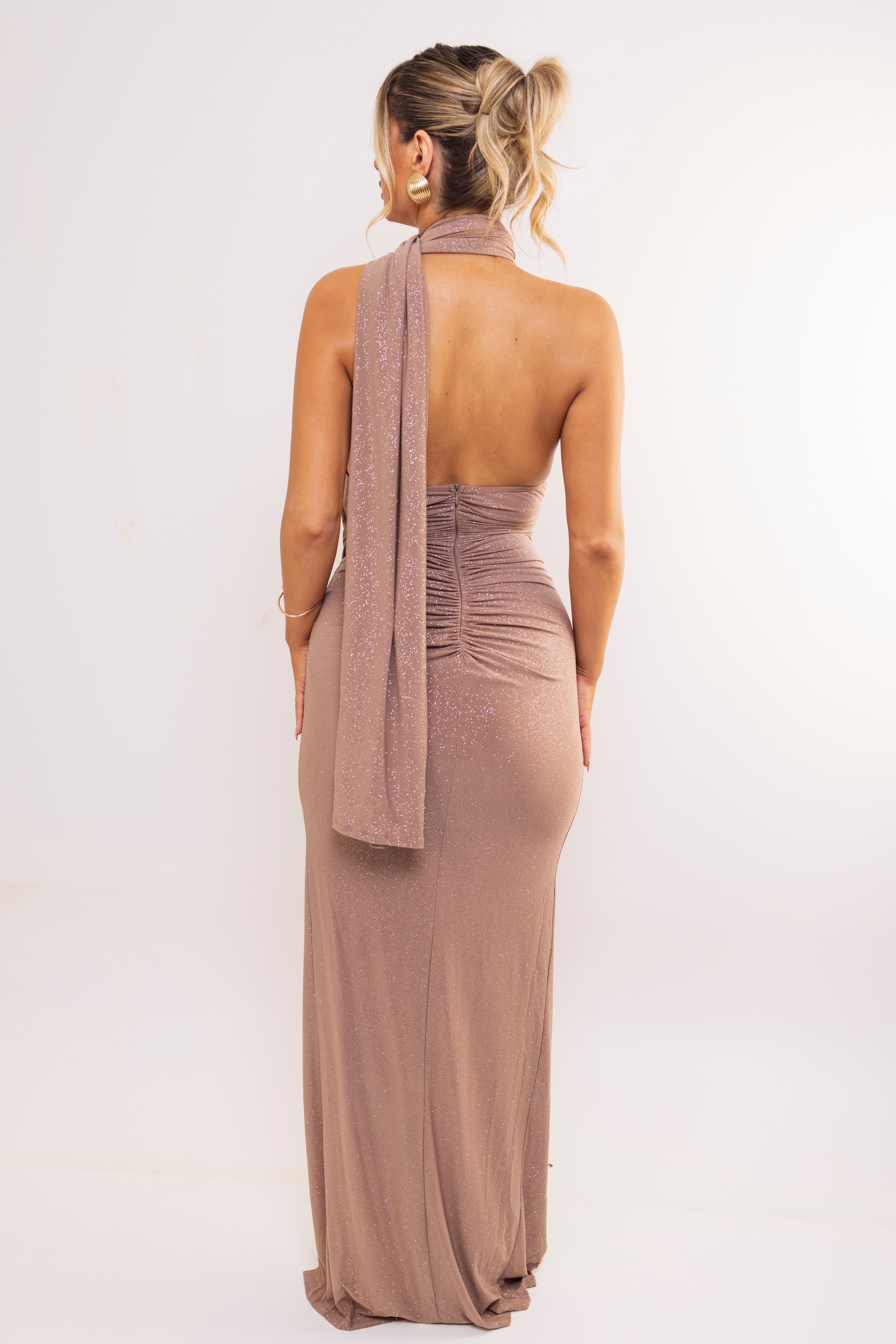 Front and back views of a ruched mocha sparkle dress.
