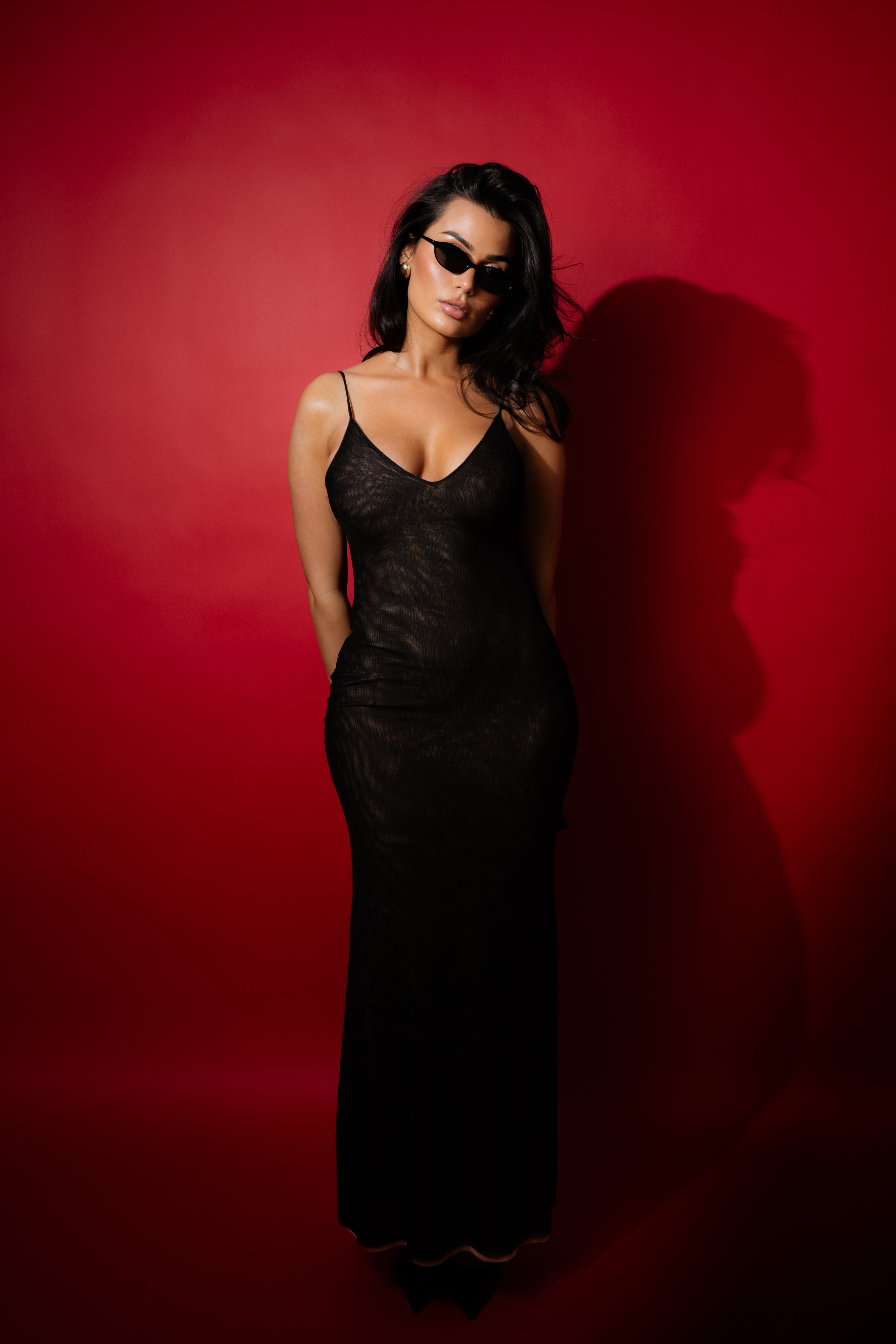 Black sheer long sleeve dress with floral beaded mesh overlay