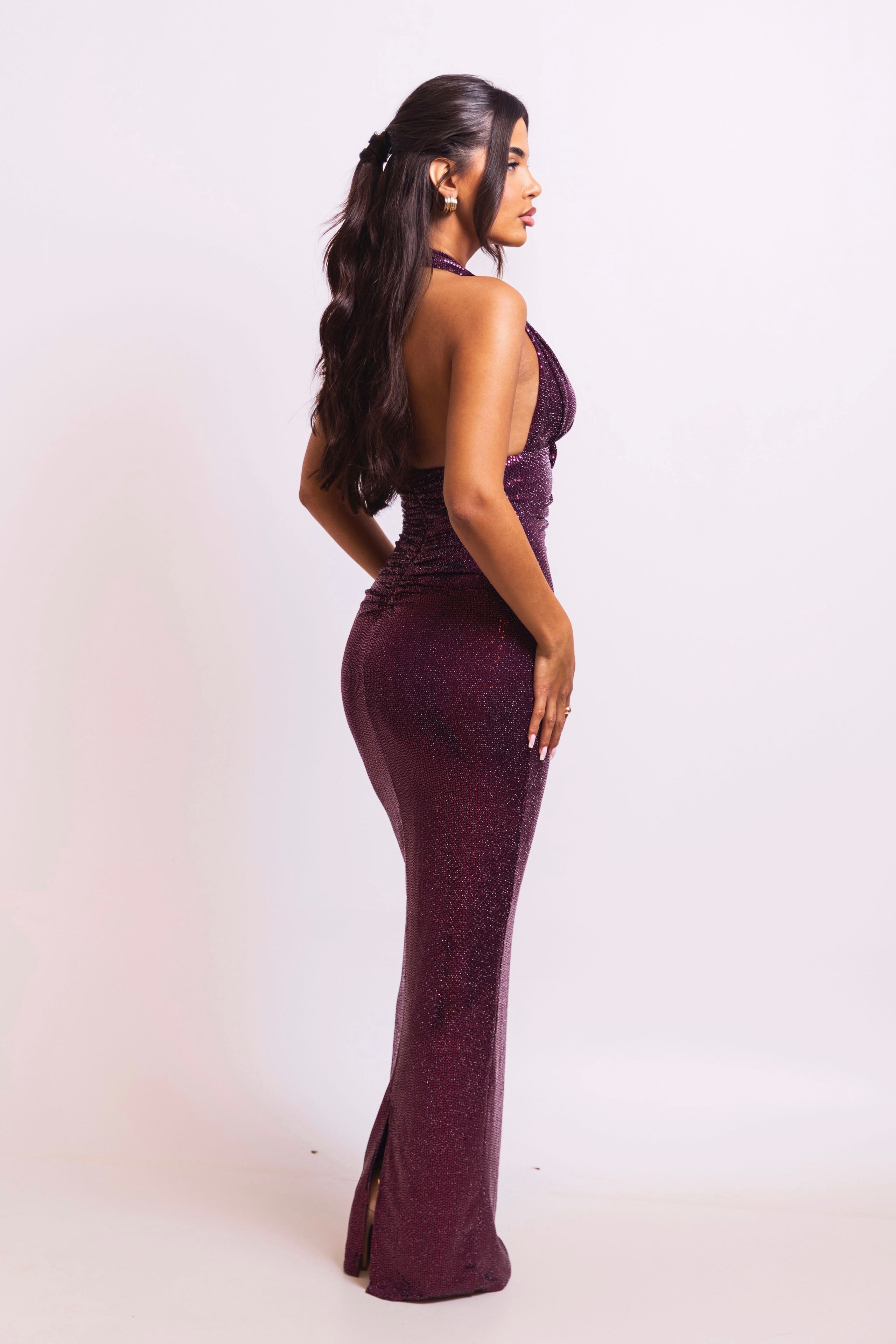 "Refined burgundy gown combining shine