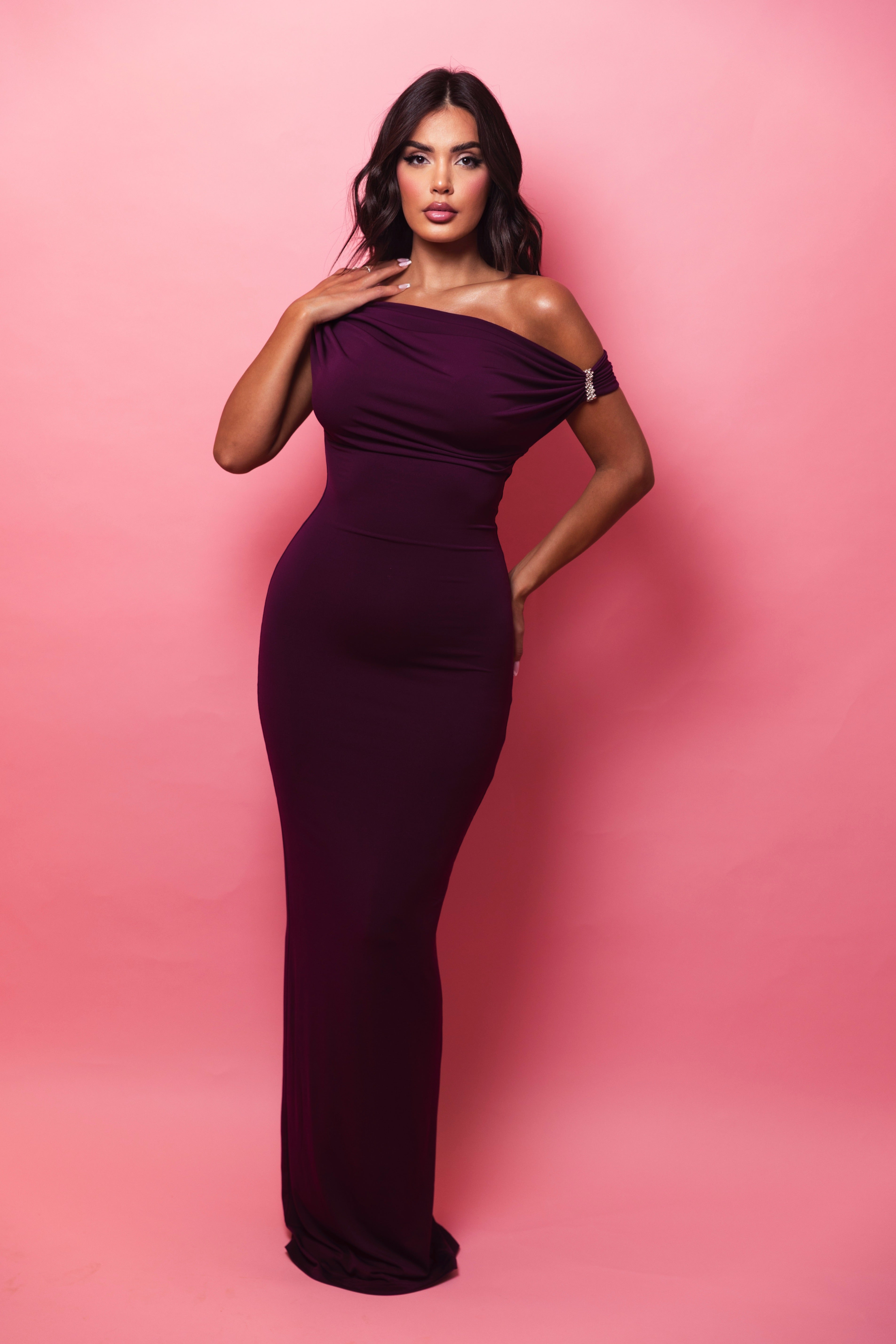Off-shoulder plum gown with gathered neckline