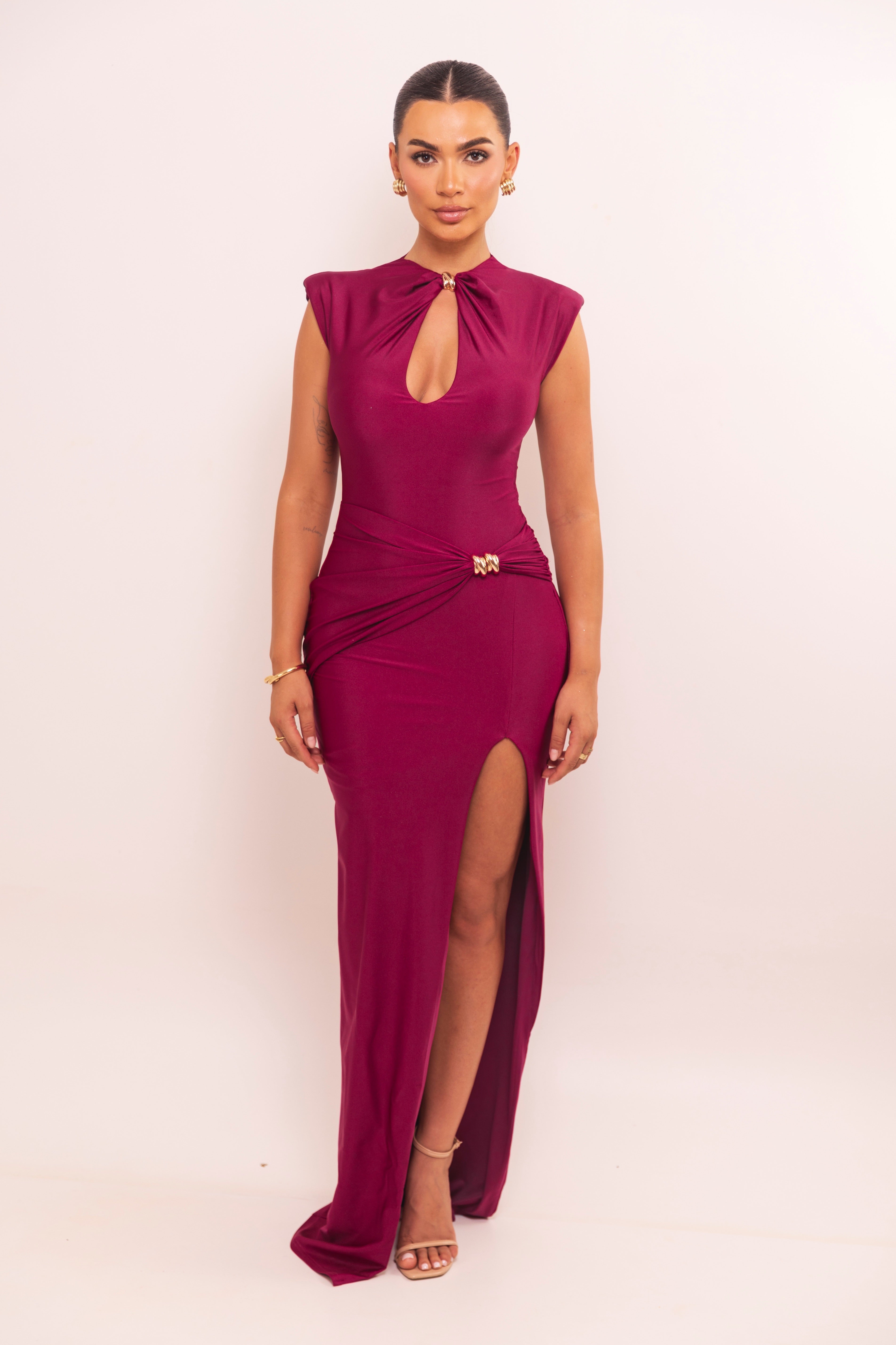 Berry gown with front keyhole neckline