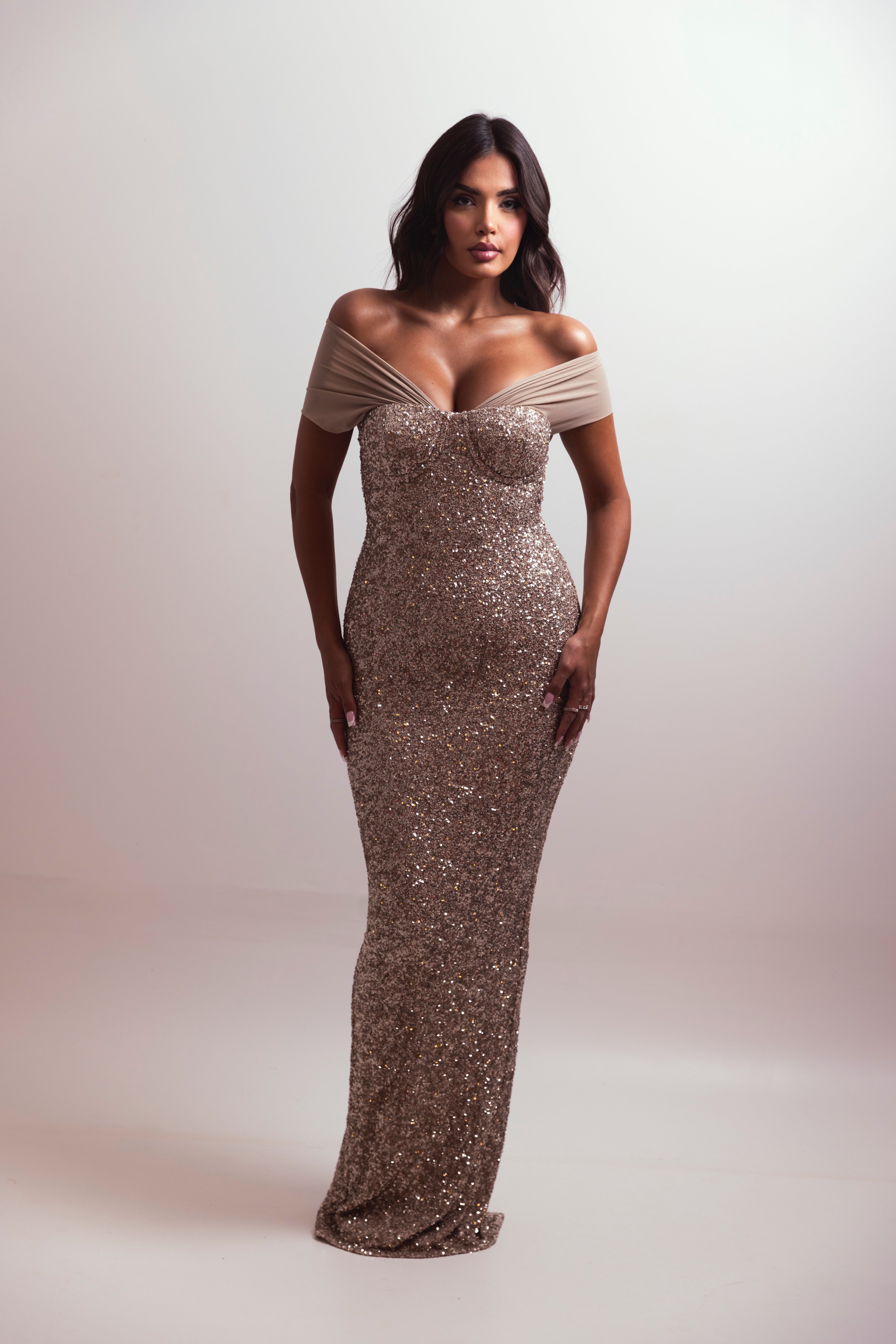 Floor-length champagne sparkle gown
