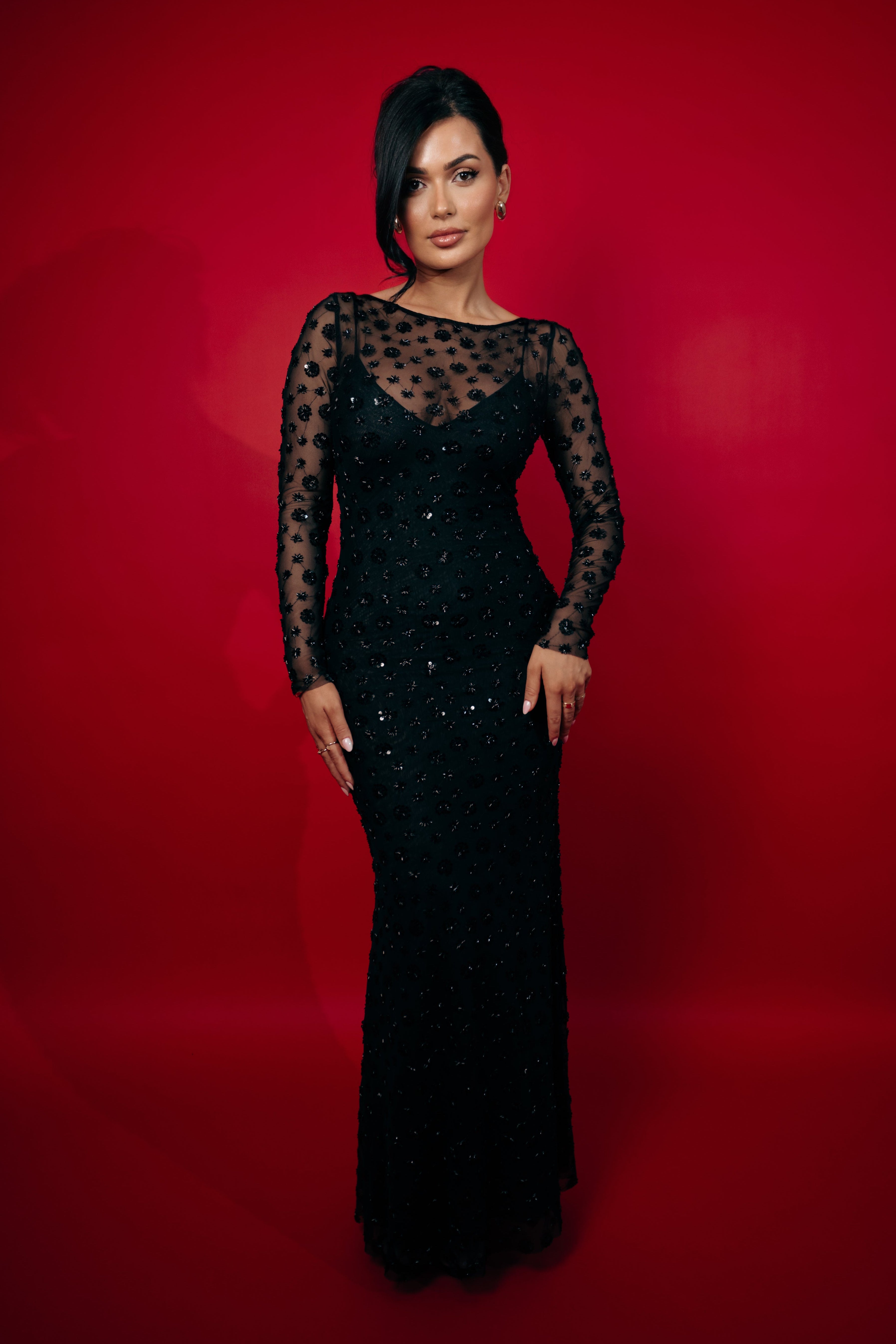 Elegant black mesh dress with embroidered floral details