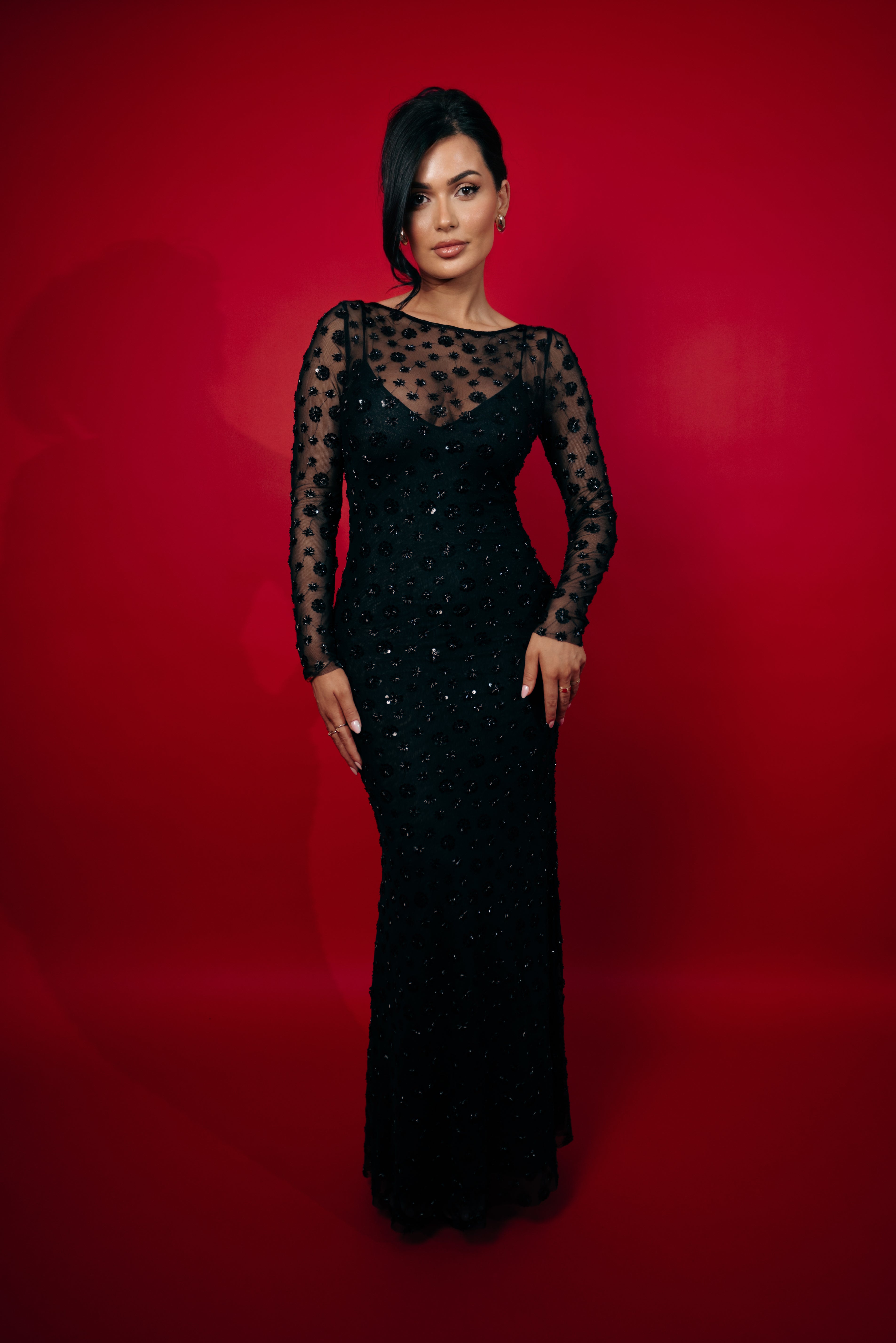 Elegant black mesh dress with embroidered floral details