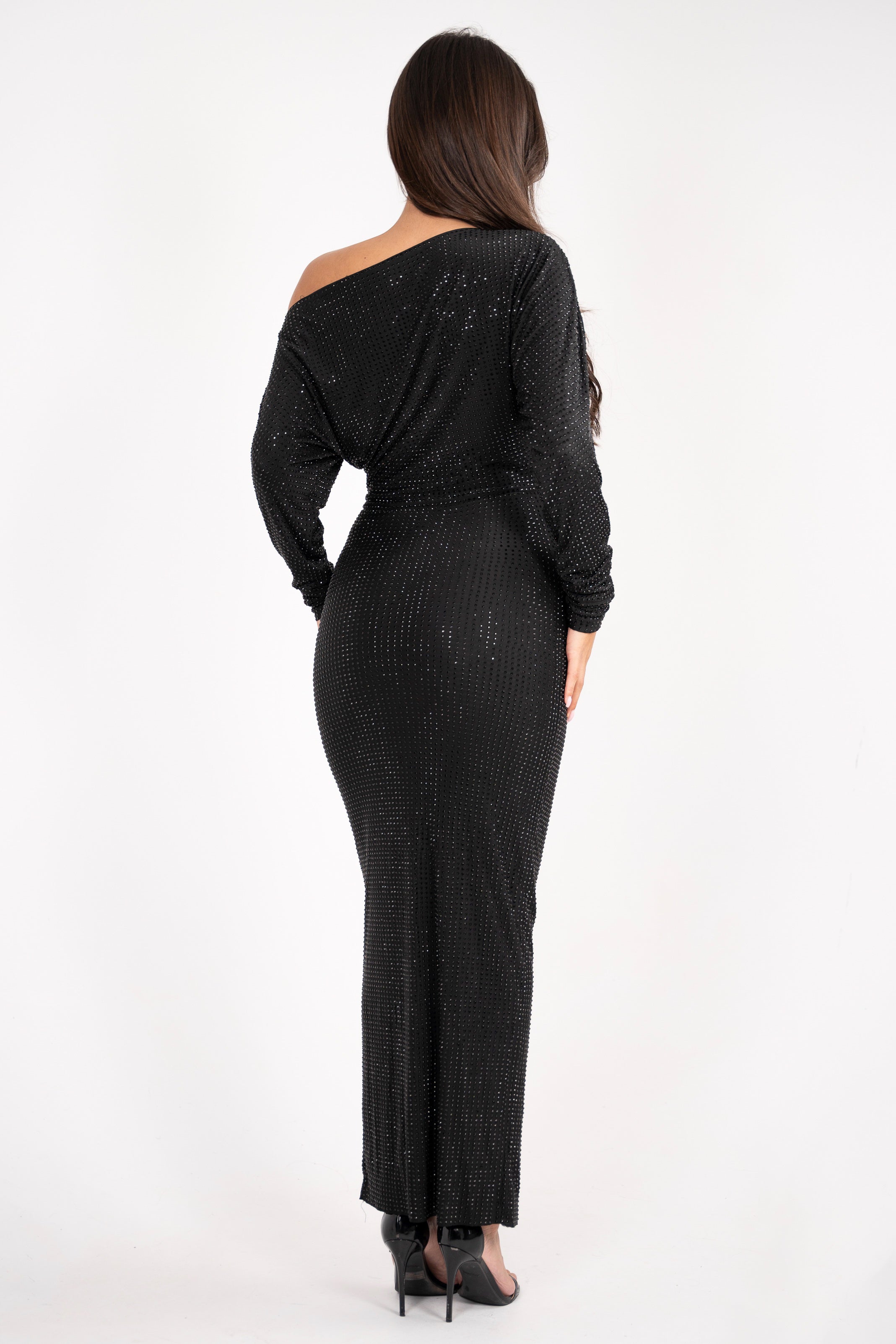 Sophisticated black sequined dress with a chic, one-shoulder cut