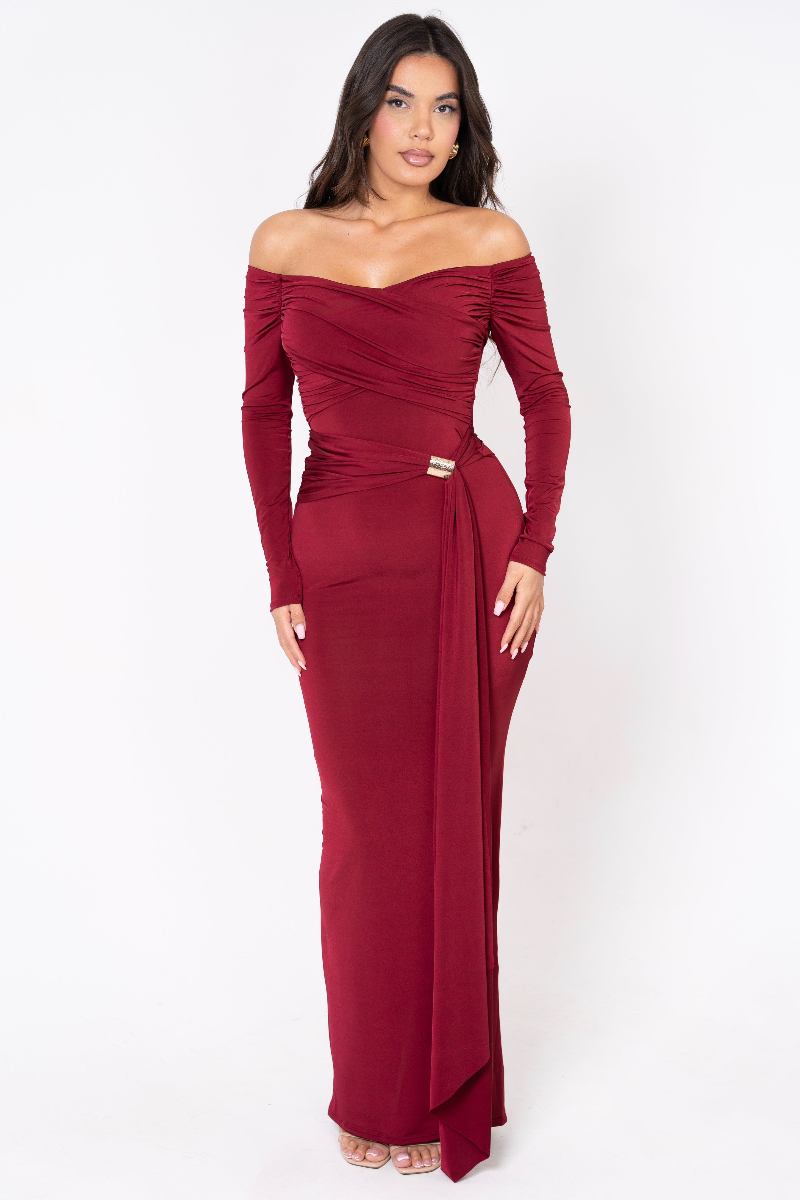 Off-shoulder burgundy dress 