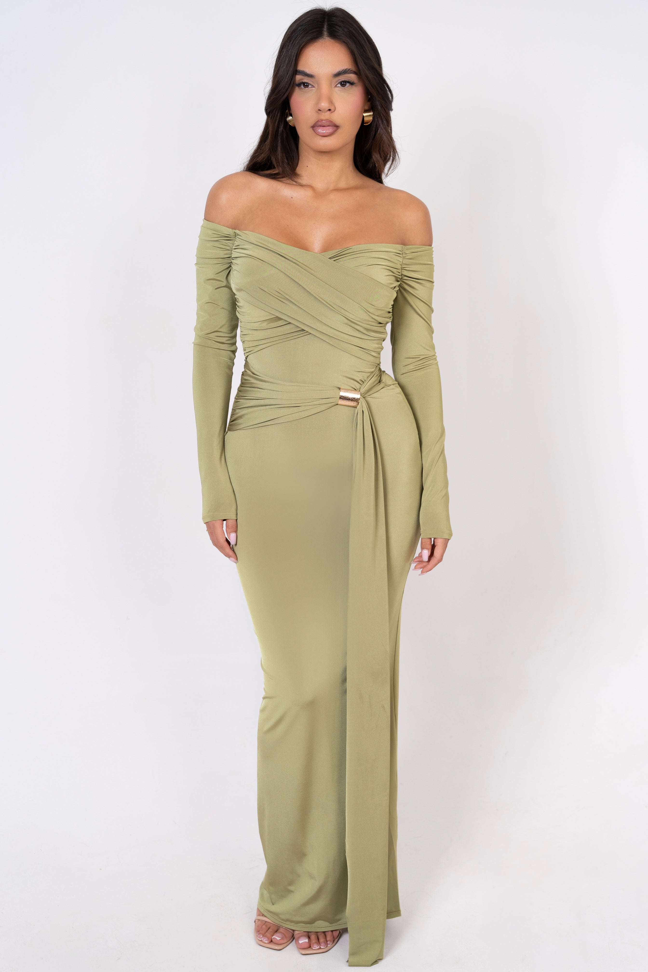 Off-shoulder watergrass green gown with ruched detailing