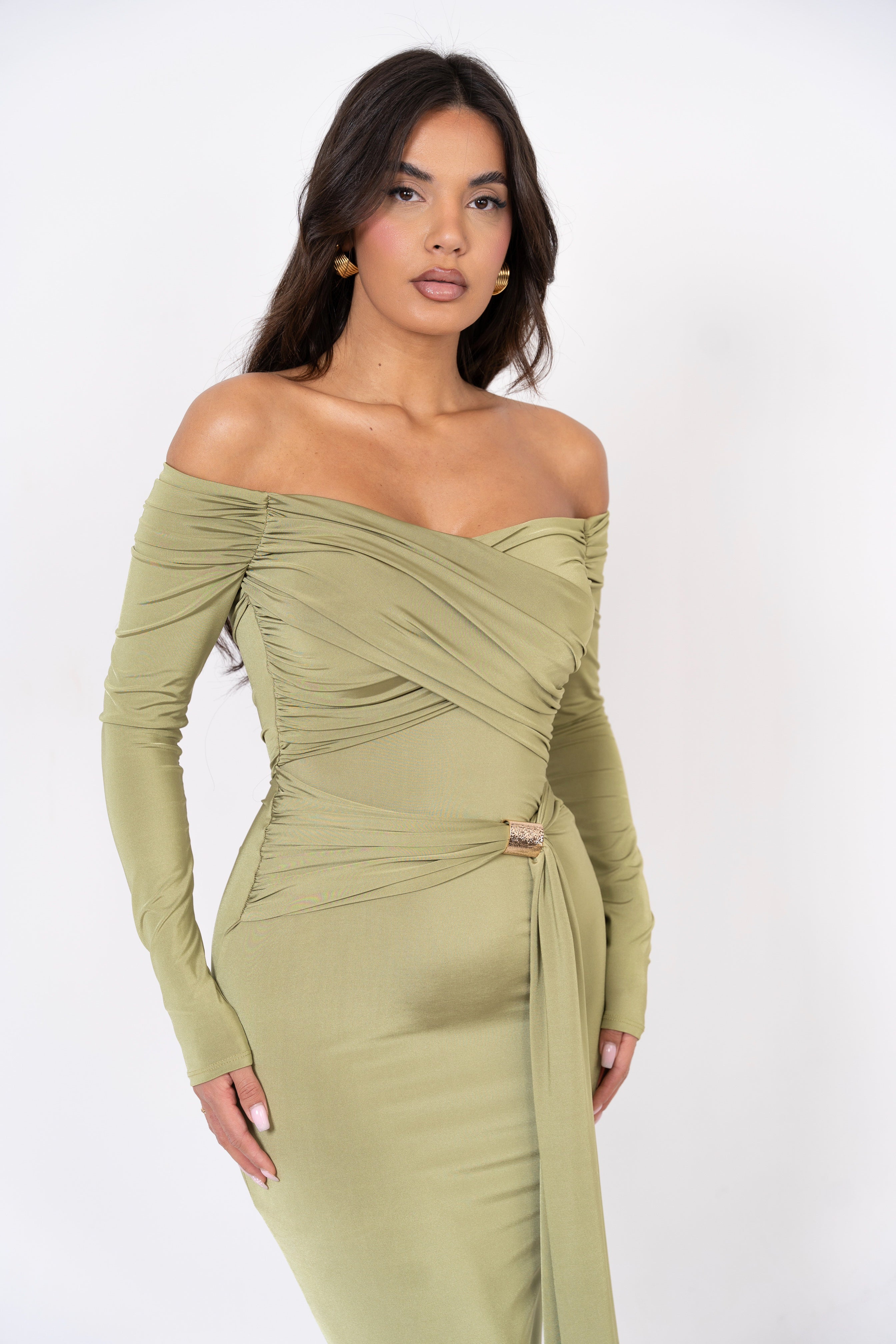 Long watergrass green formal dress with a draped bodice design