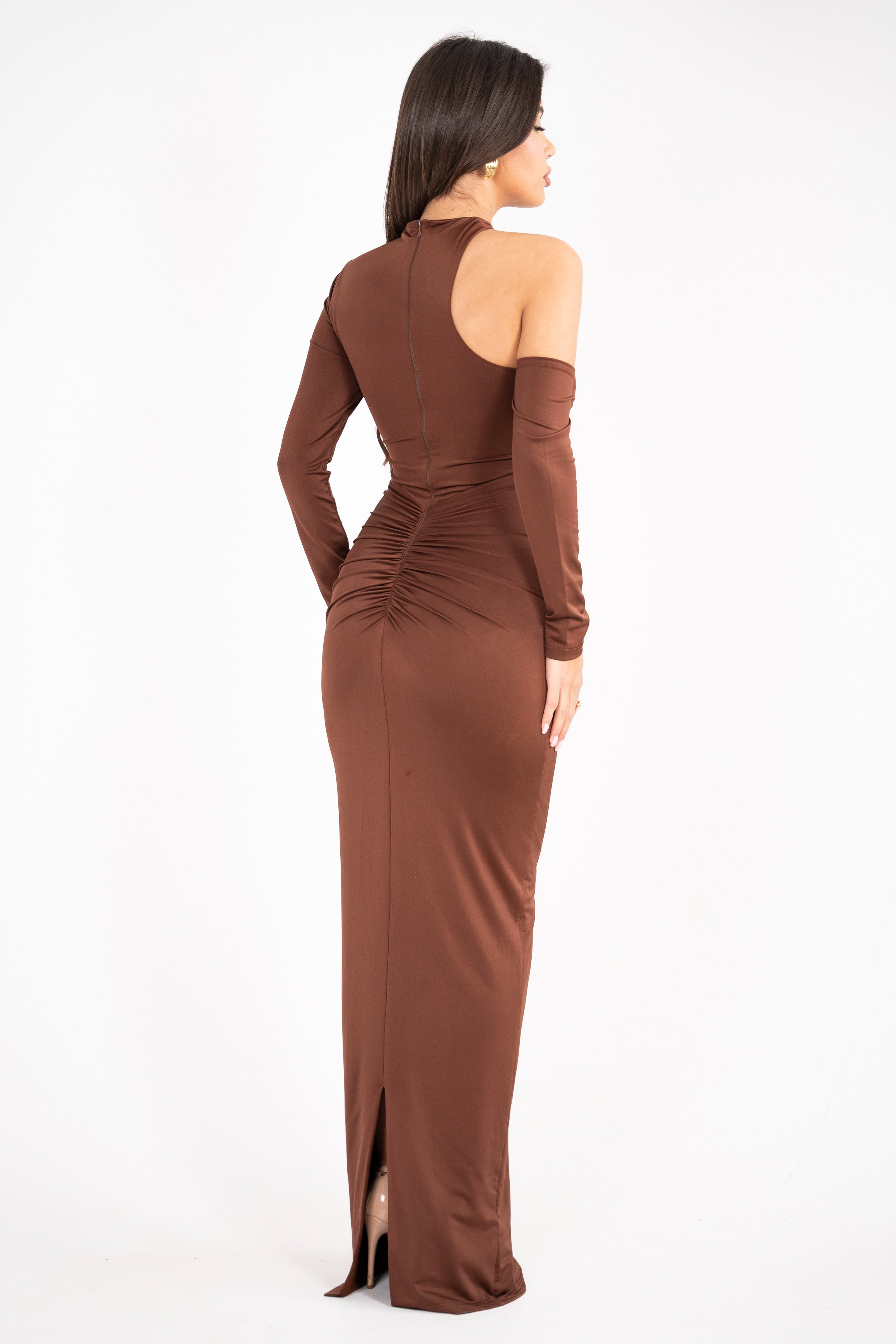 Sophisticated chocolate dress with a choker-style neckline, ruched detailing, and asymmetrical sleeves.