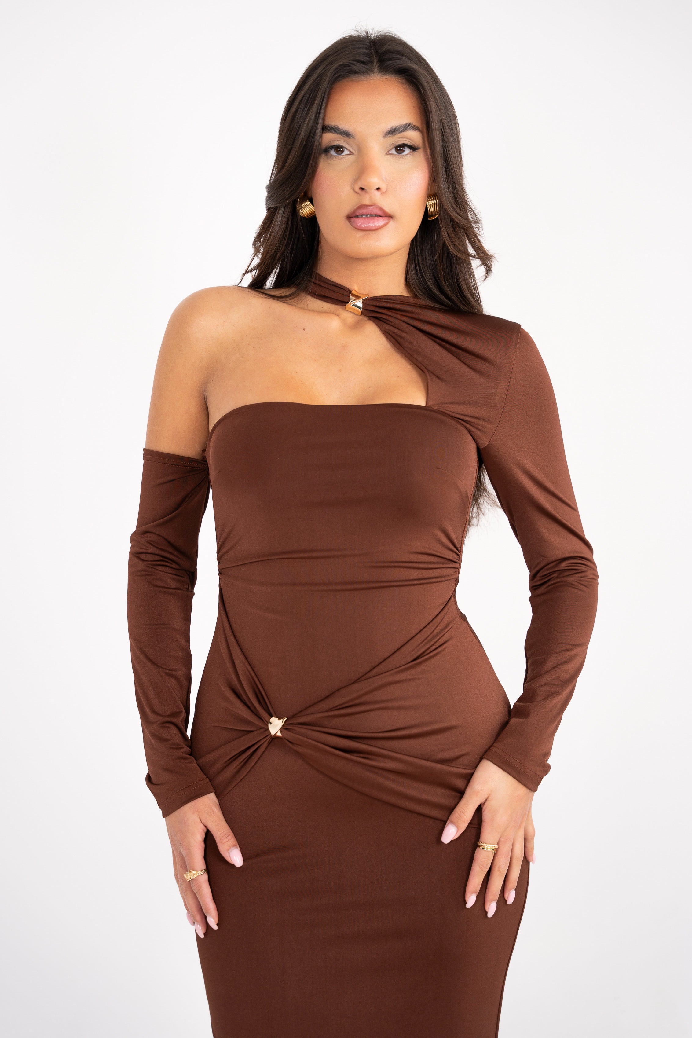 Modern chocolate maxi dress featuring a unique off-the-shoulder cut and ruched waist for a flattering fit