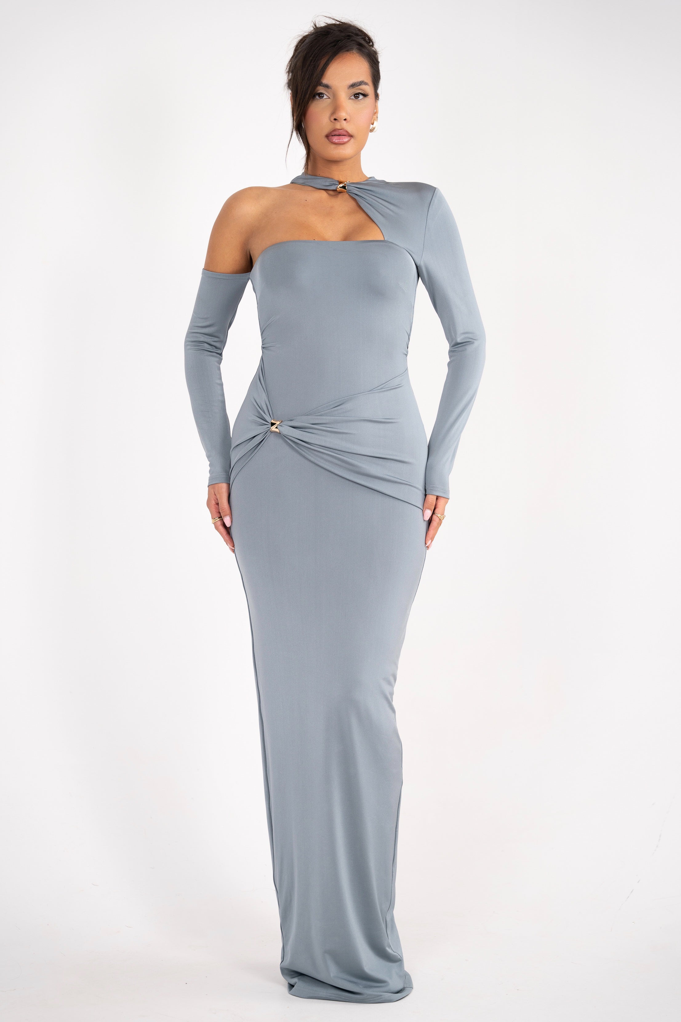 Sophisticated grey dress with a choker-style neckline, ruched detailing, and asymmetrical sleeves.