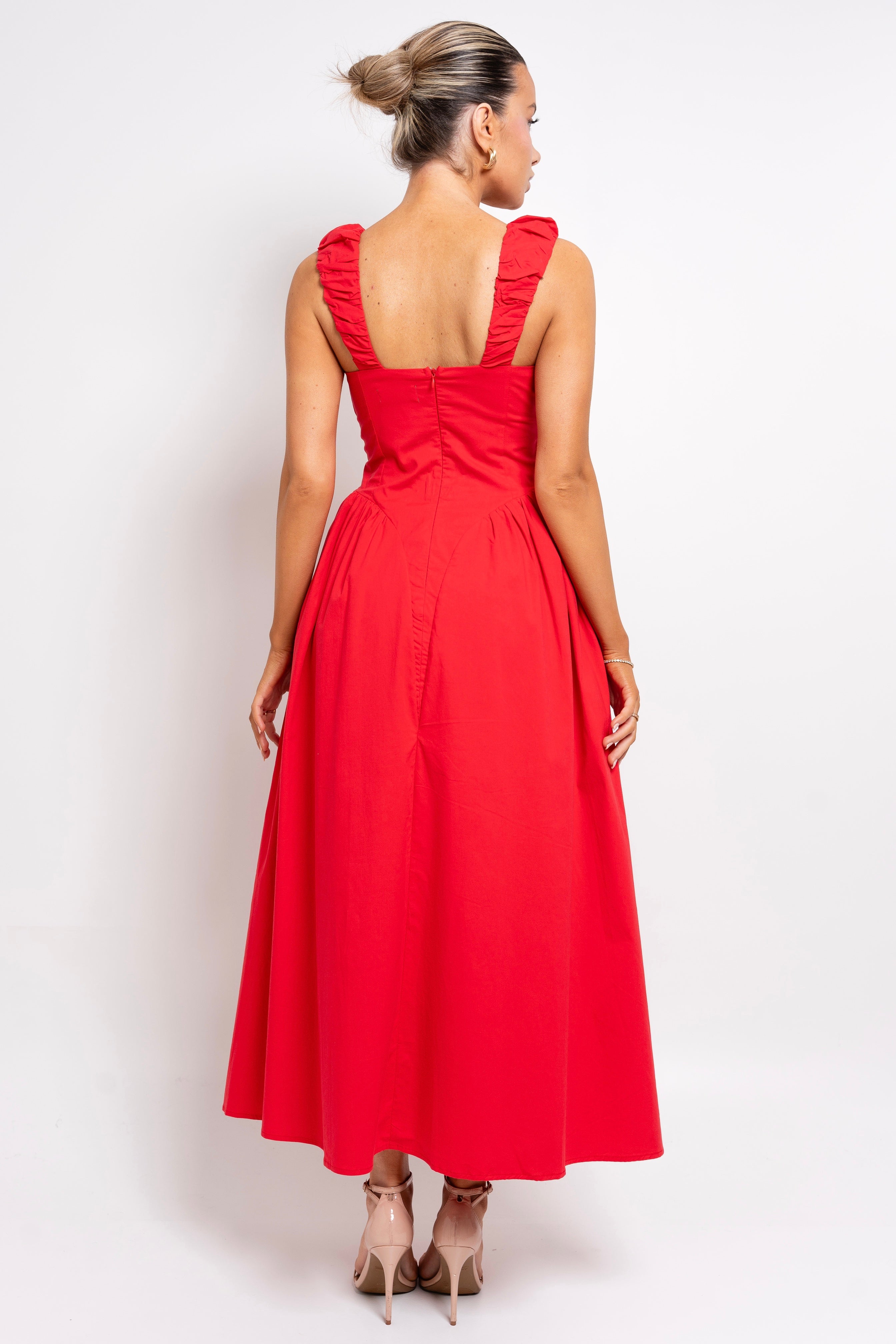 Classic red maxi dress with a fitted bodice.