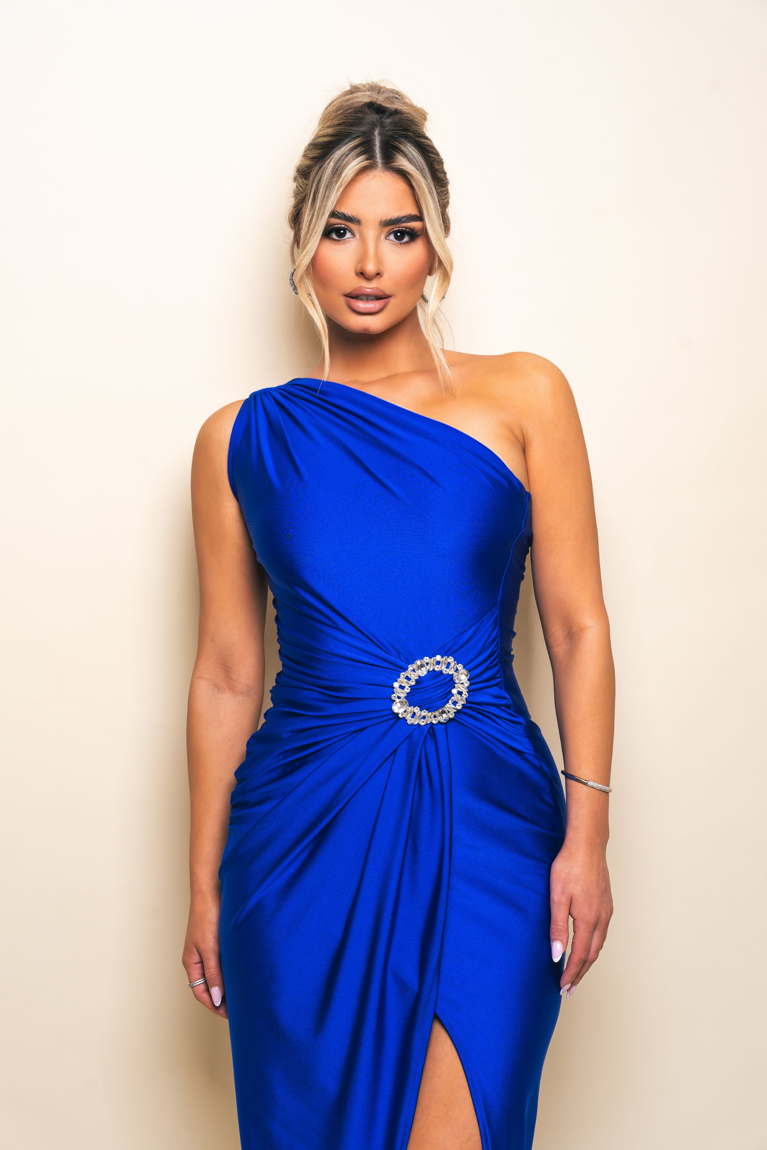 Royal blue one-shoulder dress with slit