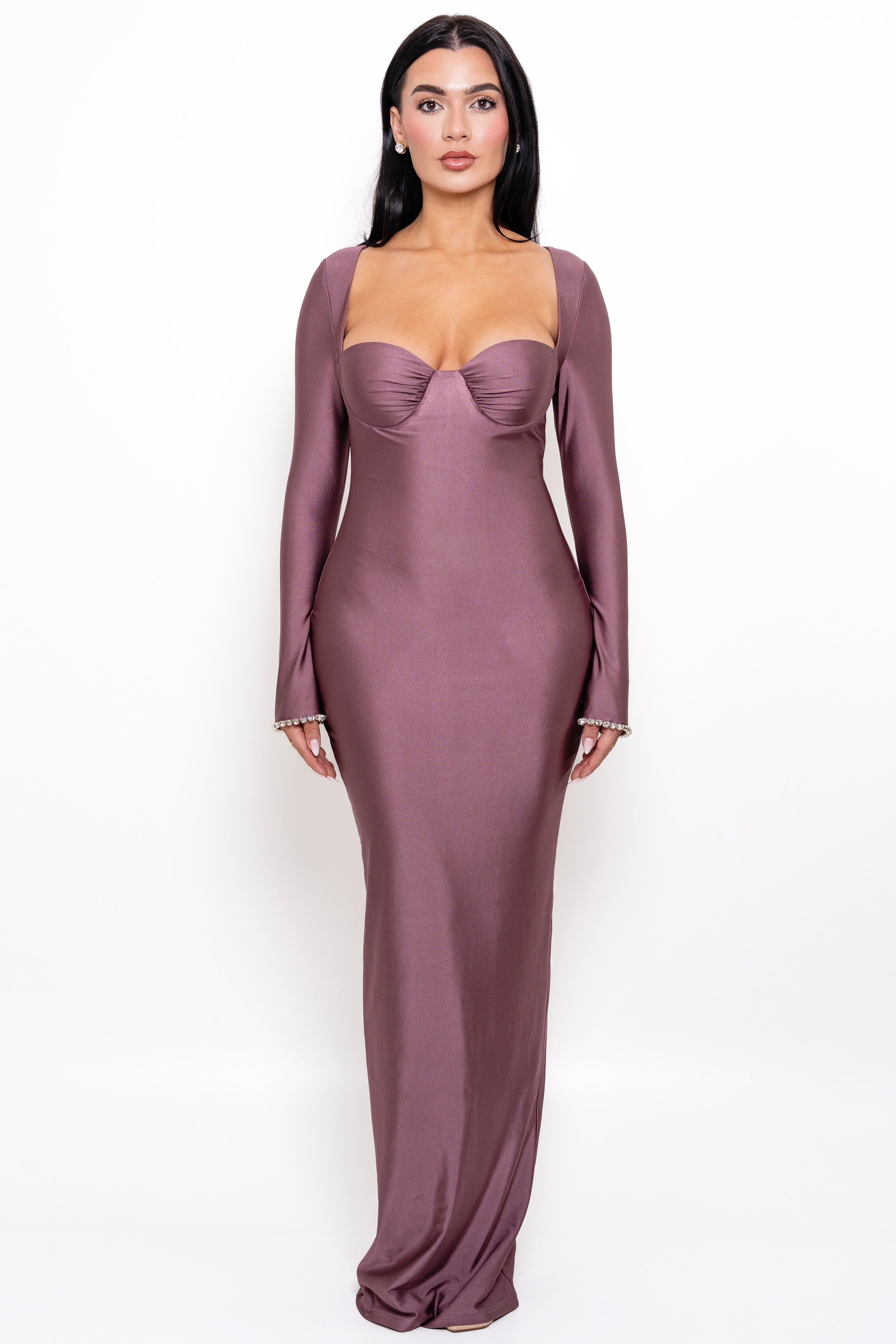 Stylish mauve dress with long sleeves, perfect for formal occasions or evening events.