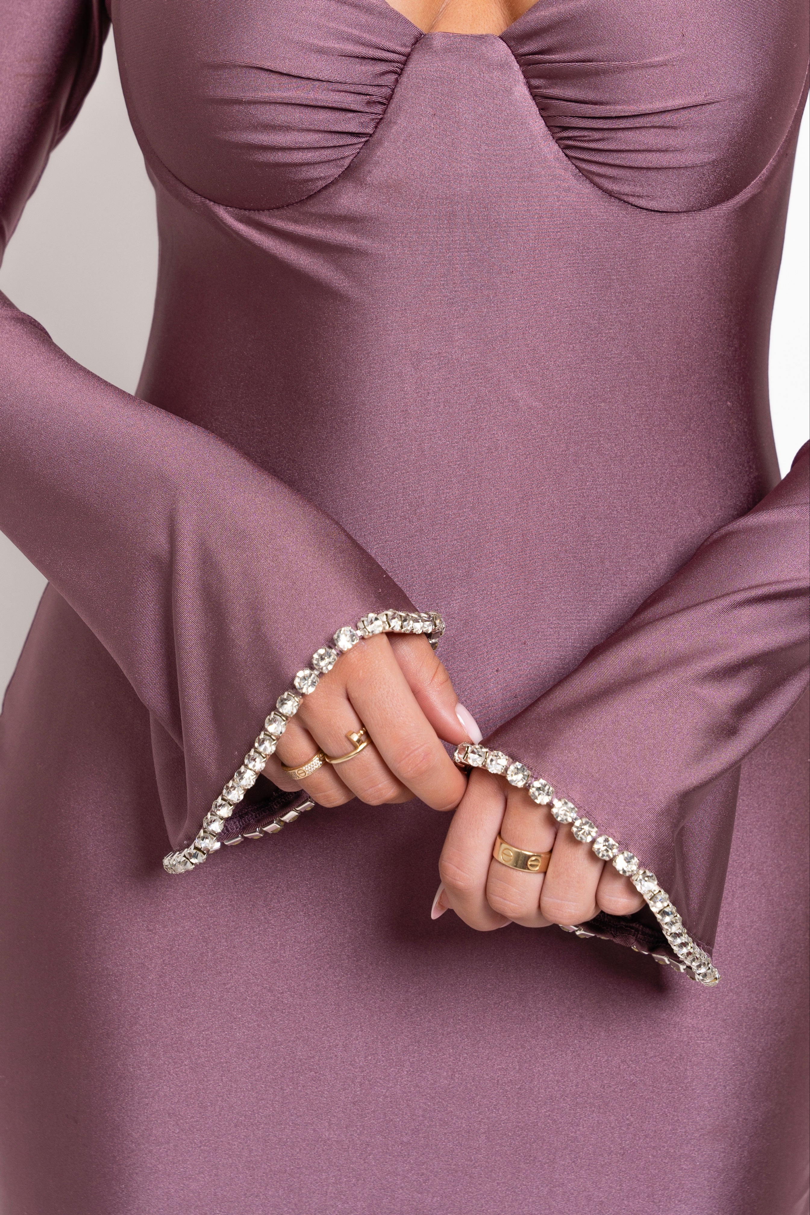 Sleek mauve maxi dress with subtle embellishments and a sculpted bodice.