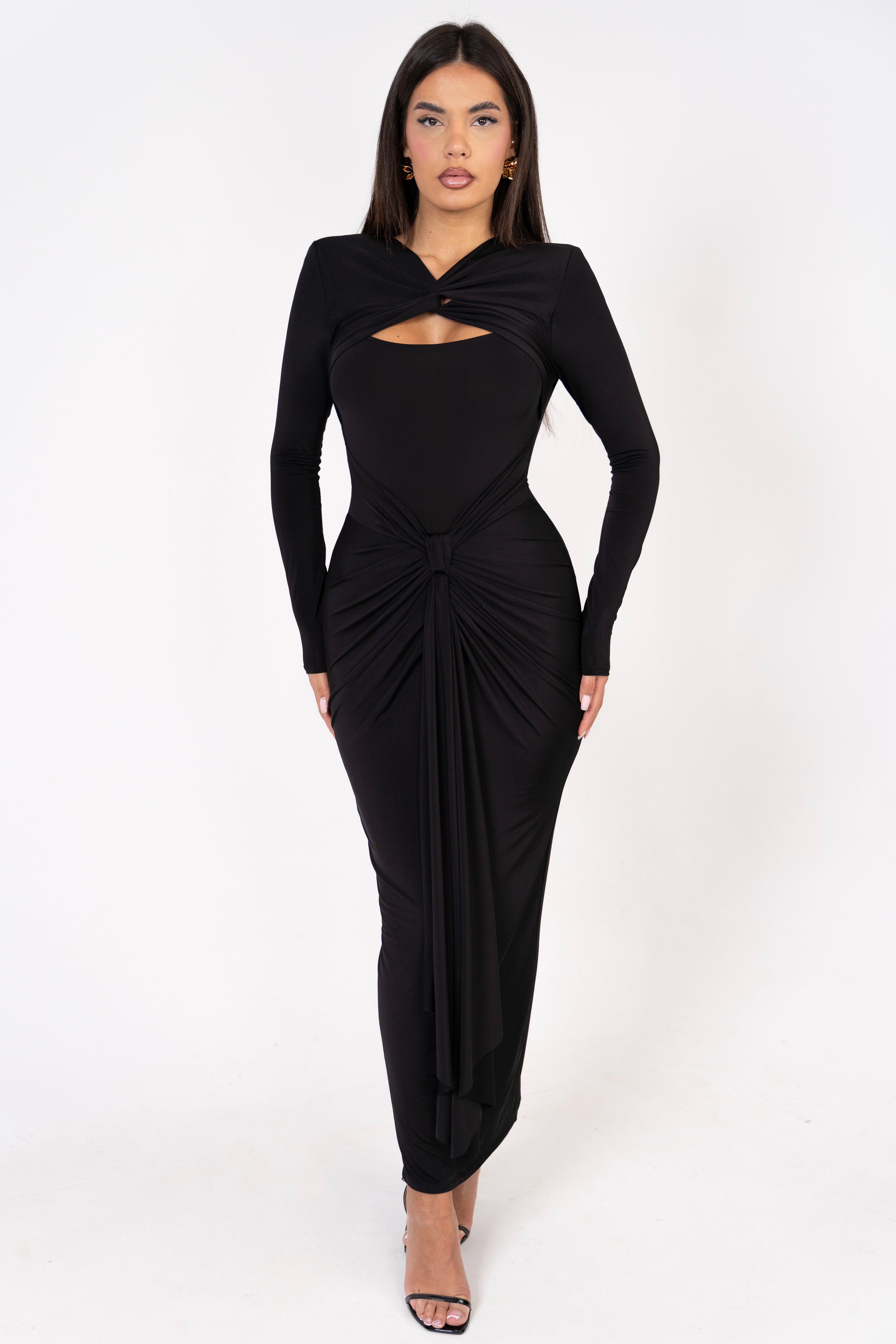 Elegant black gown with a modern knotted waist design