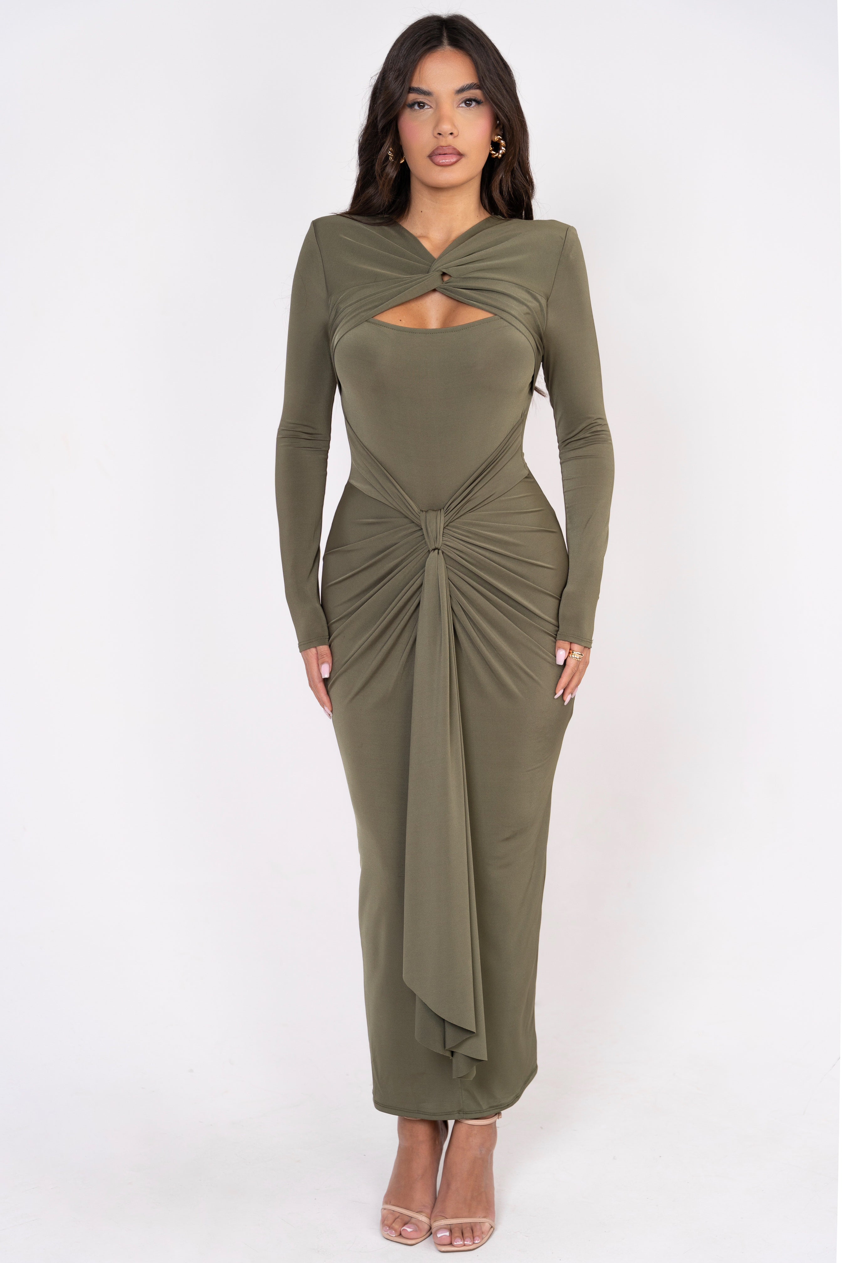 Elegant olive green dress with a keyhole neckline