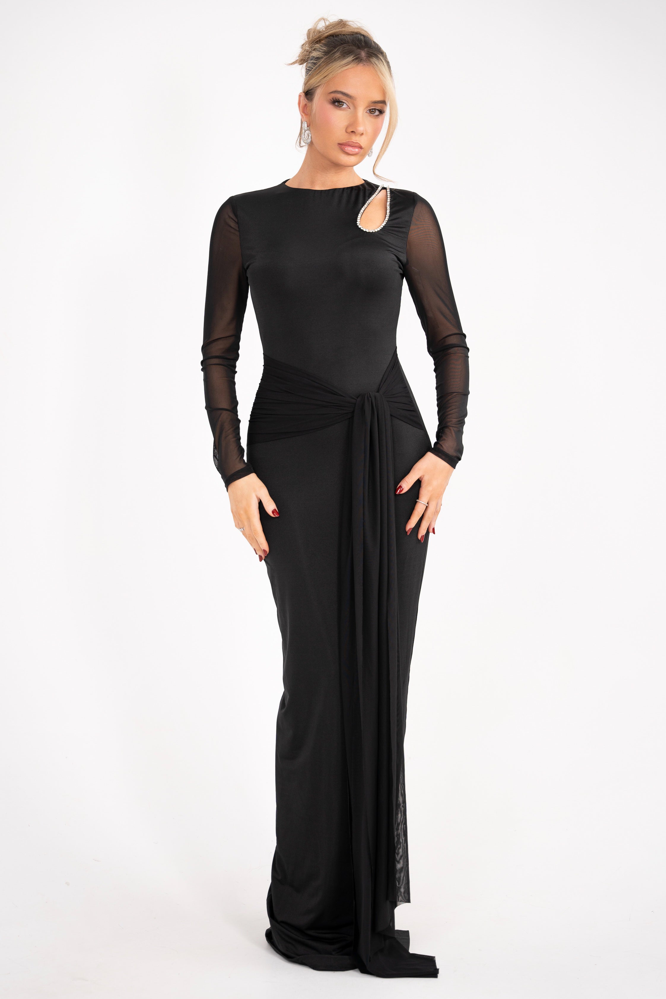 Full-length view of the Lusianna dress with mesh arms and a sleek design