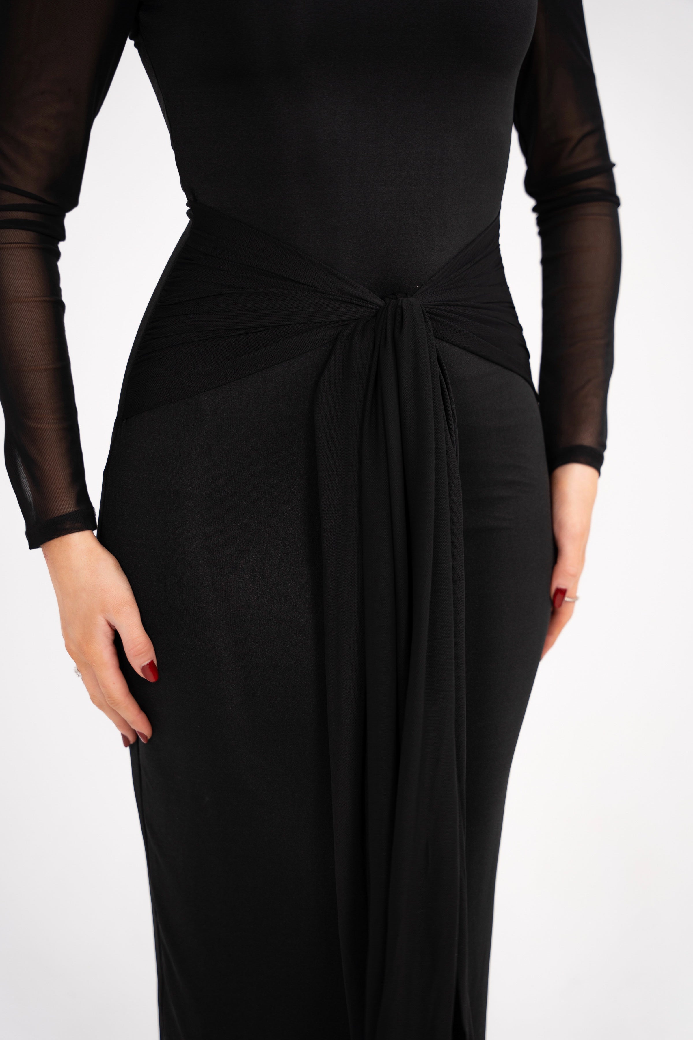 Mesh arms offer elegance and comfort on the Lusianna long dress