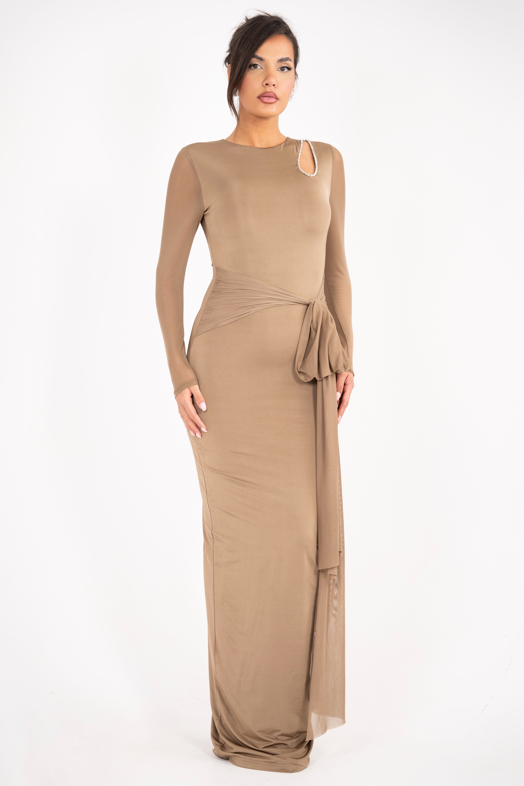 Full-length view of the Lusianna dress with mesh arms and a sleek design.