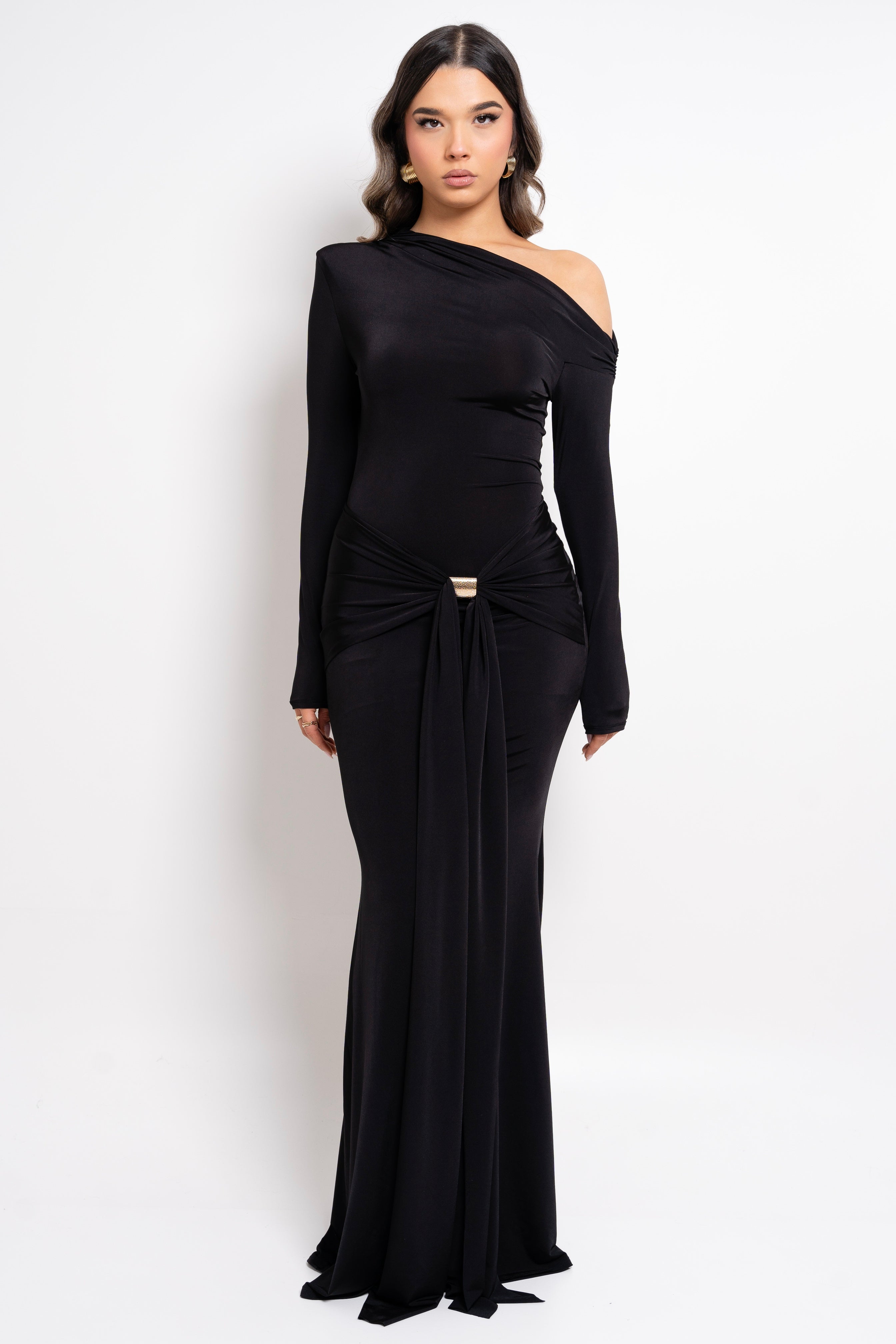 Elegant black one-shoulder dress with a knotted waist detail.