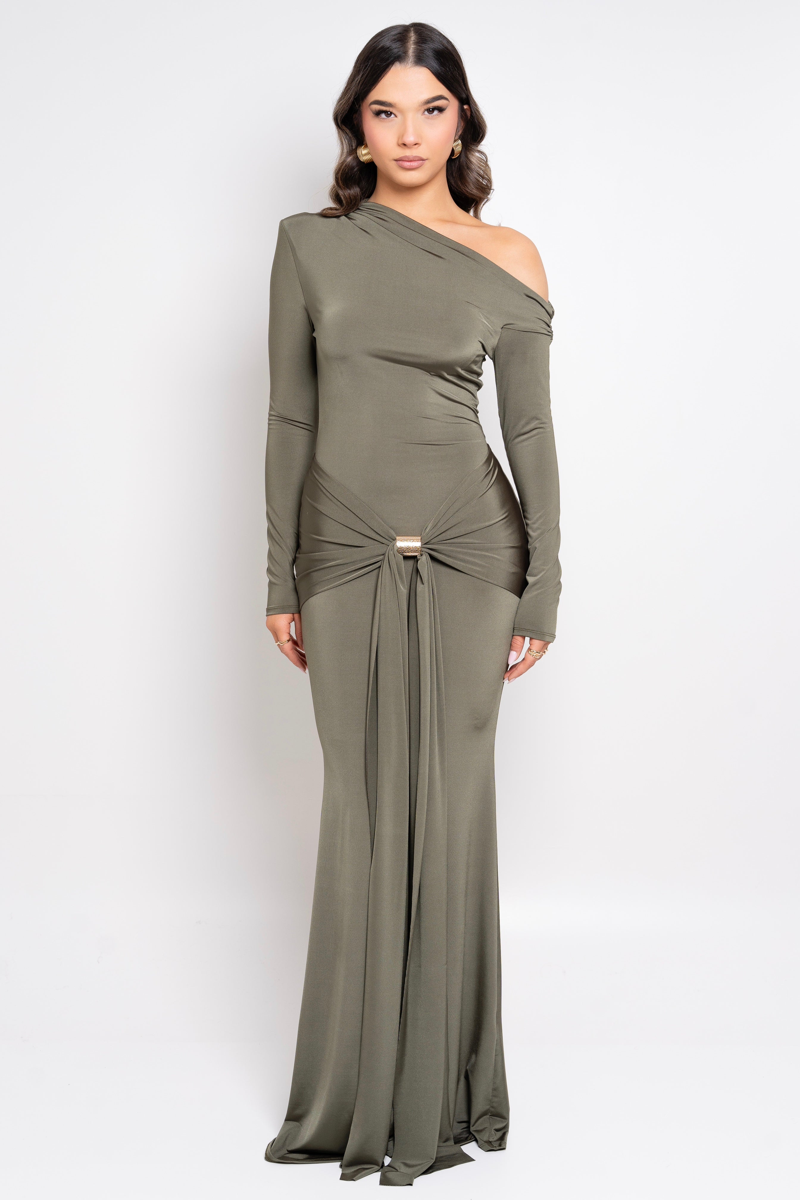 Olive green one-shoulder dress with knotted detailing.