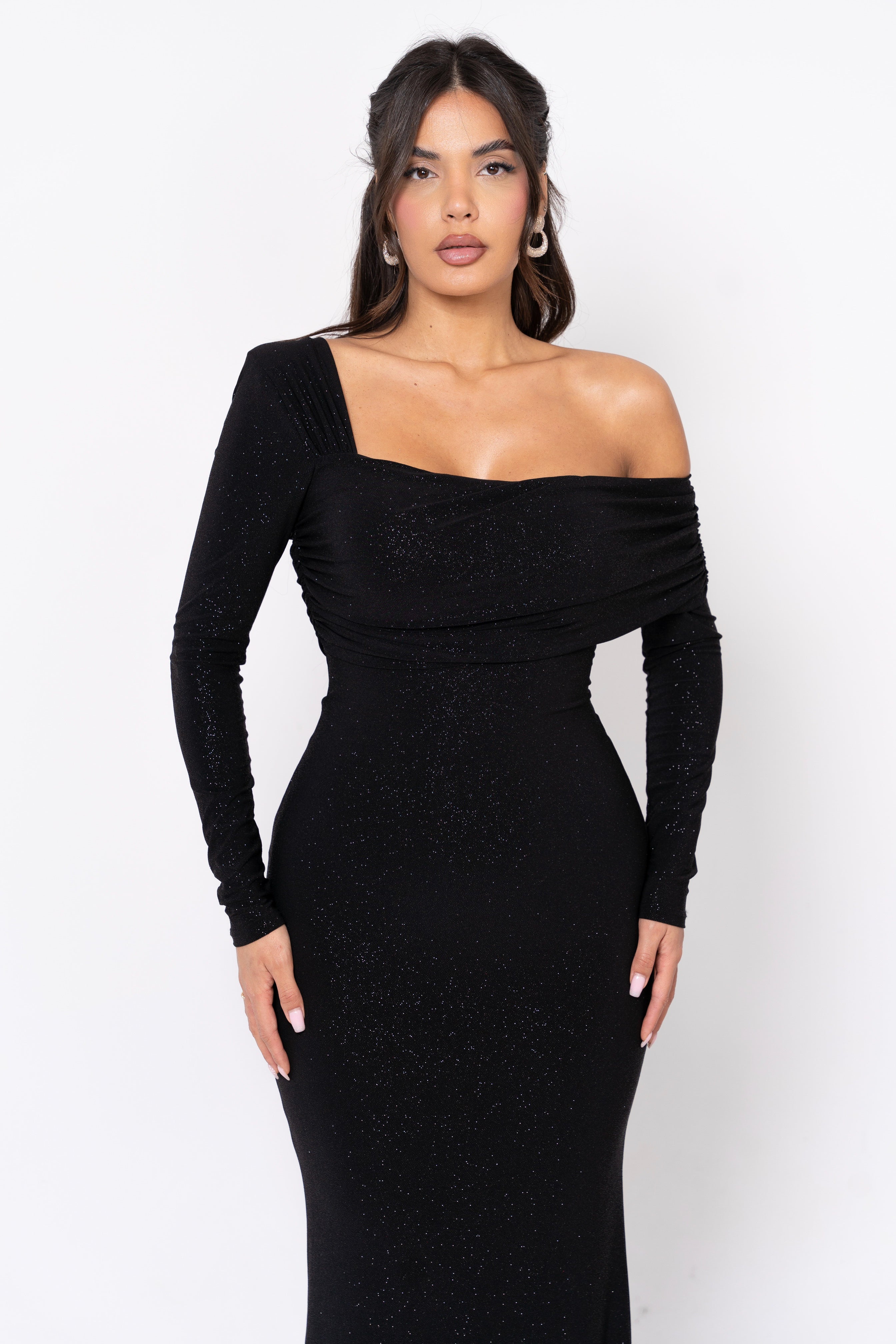 Black party dress with subtle sparkle and elegance