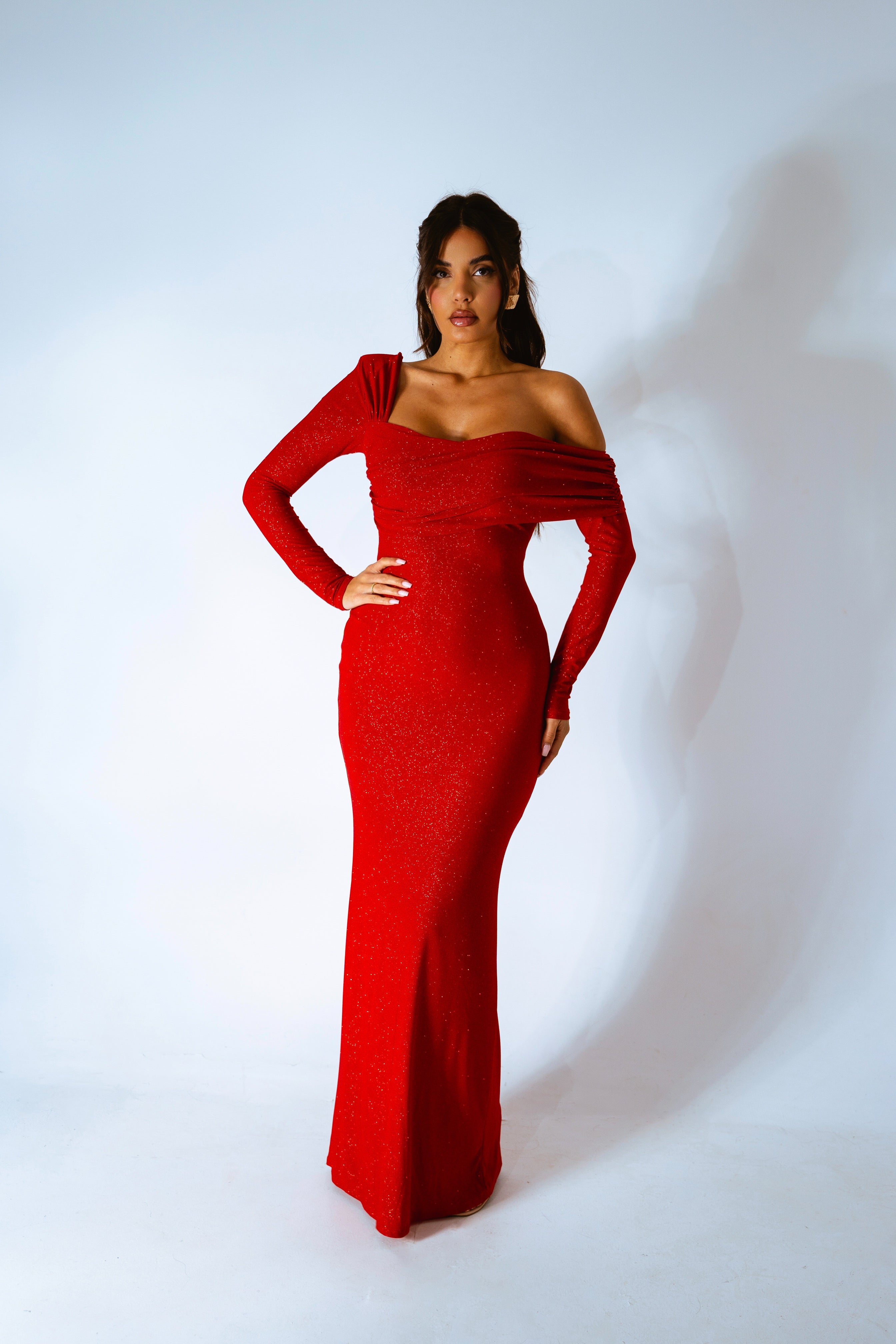 Sparkly red evening gown with fitted silhouette