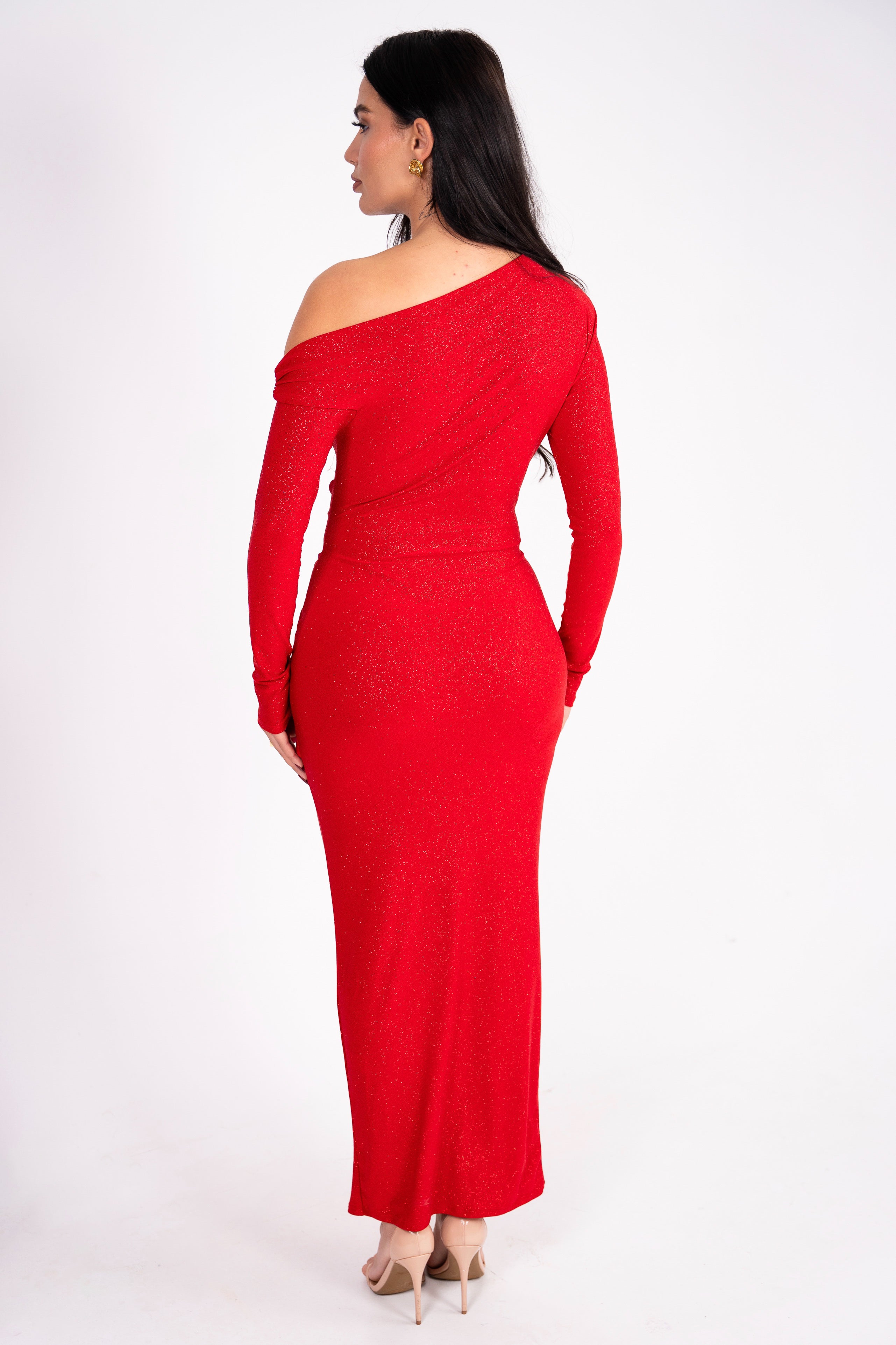 red dress with asymmetrical neckline,