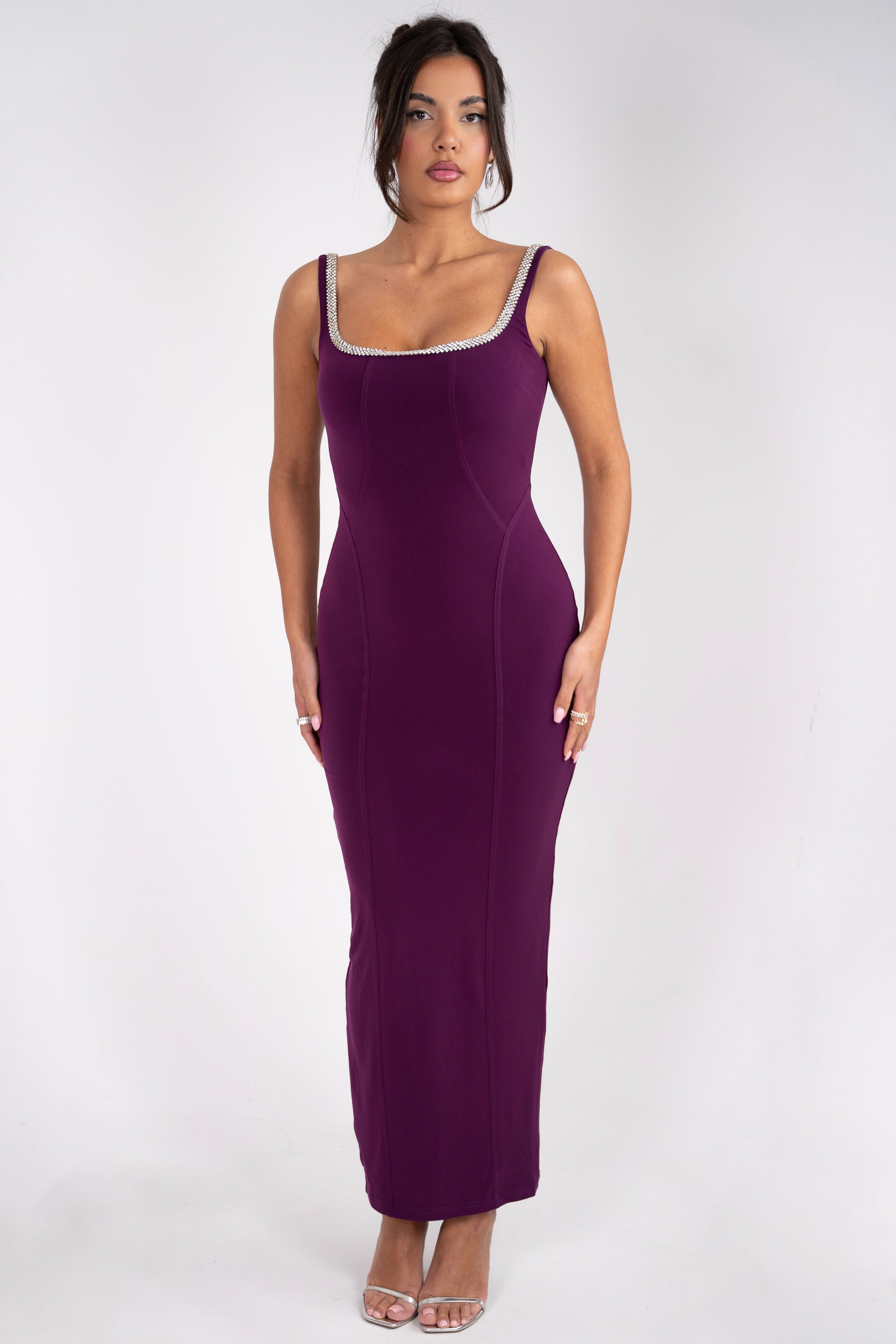 Elegant purple dress with rhinestone neckline detail