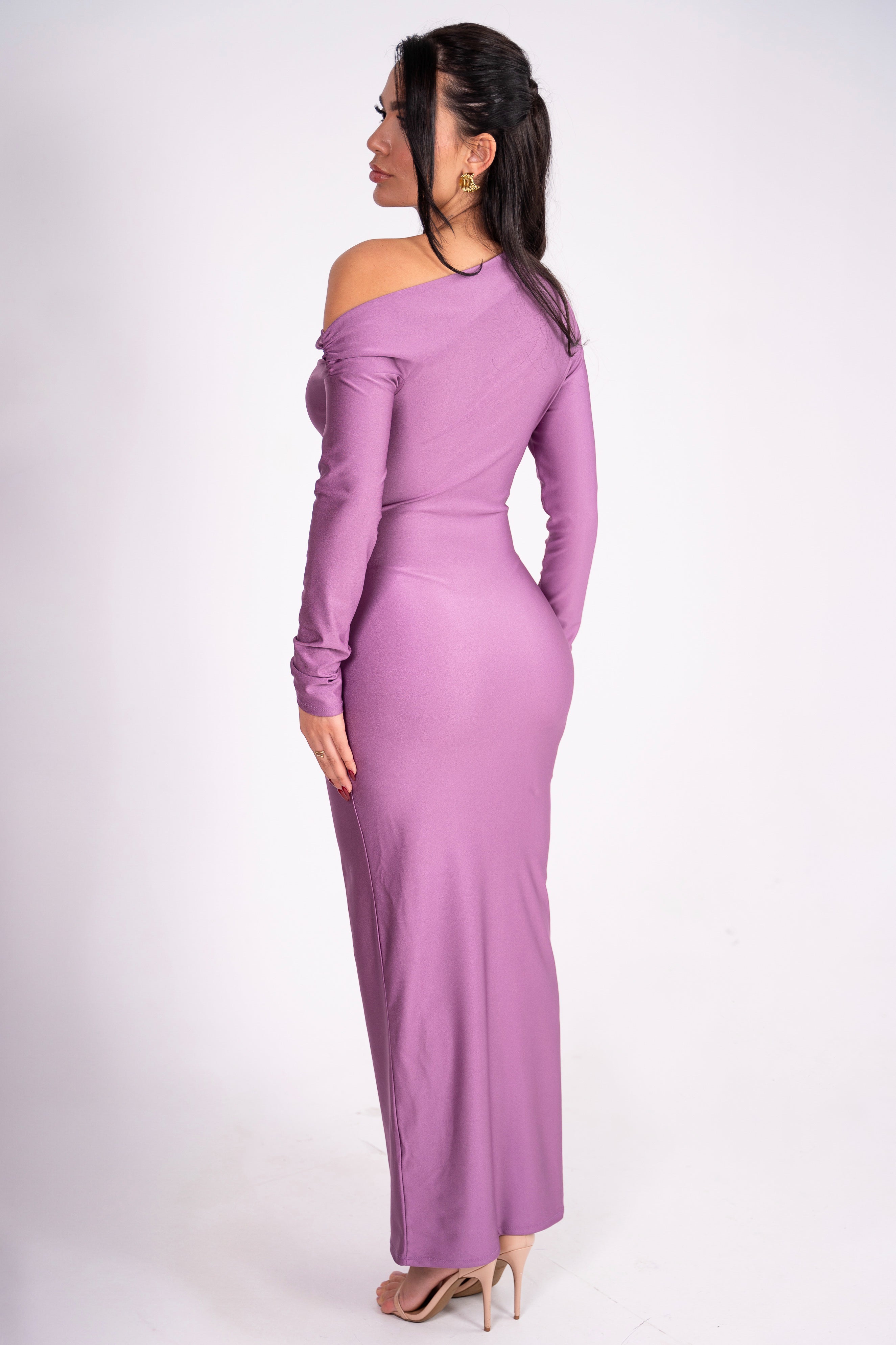 Chic lavender dress showcasing an elegant drape and one-shoulder style