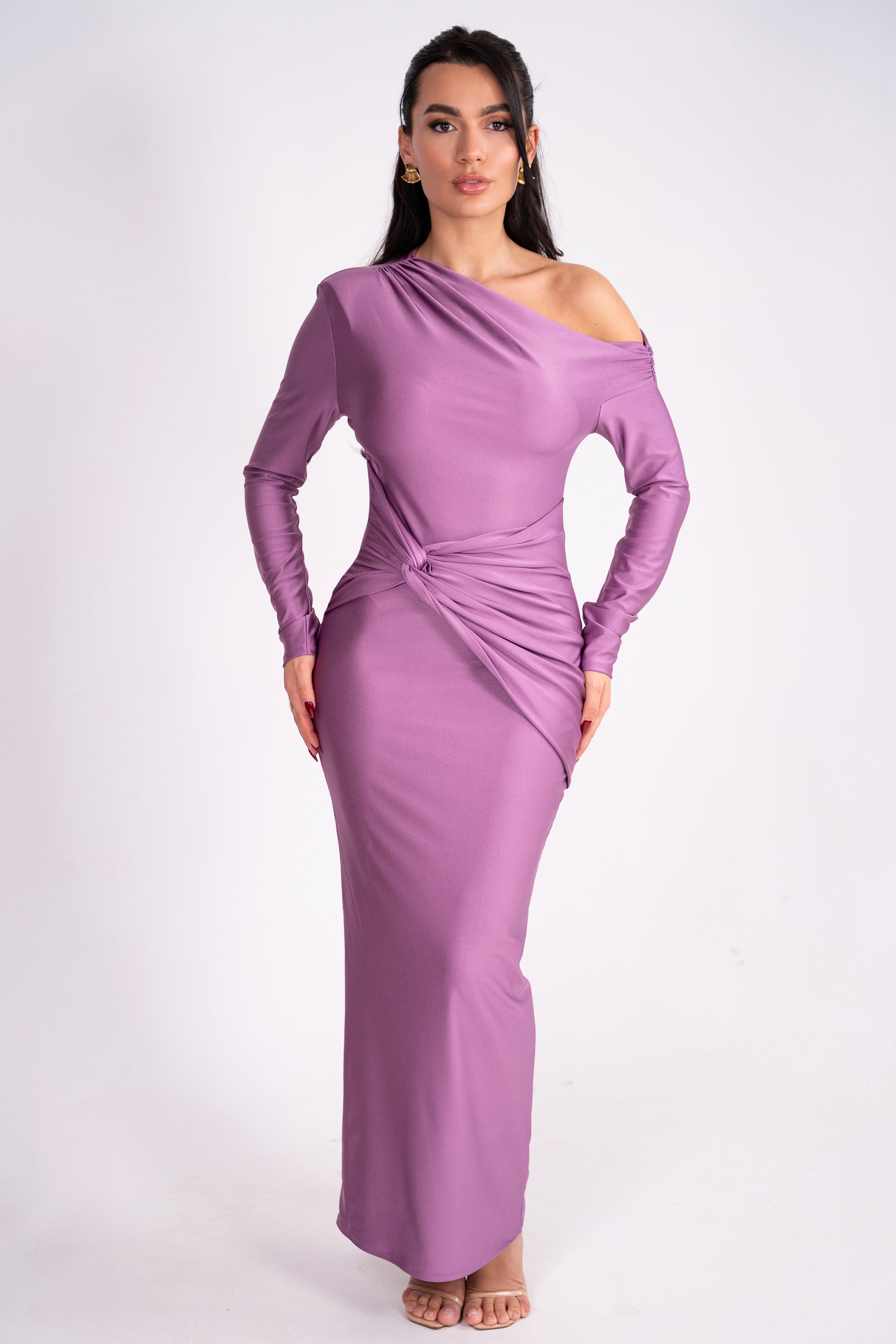 Elegant lavender dress with an off-shoulder neckline and draped waist detail